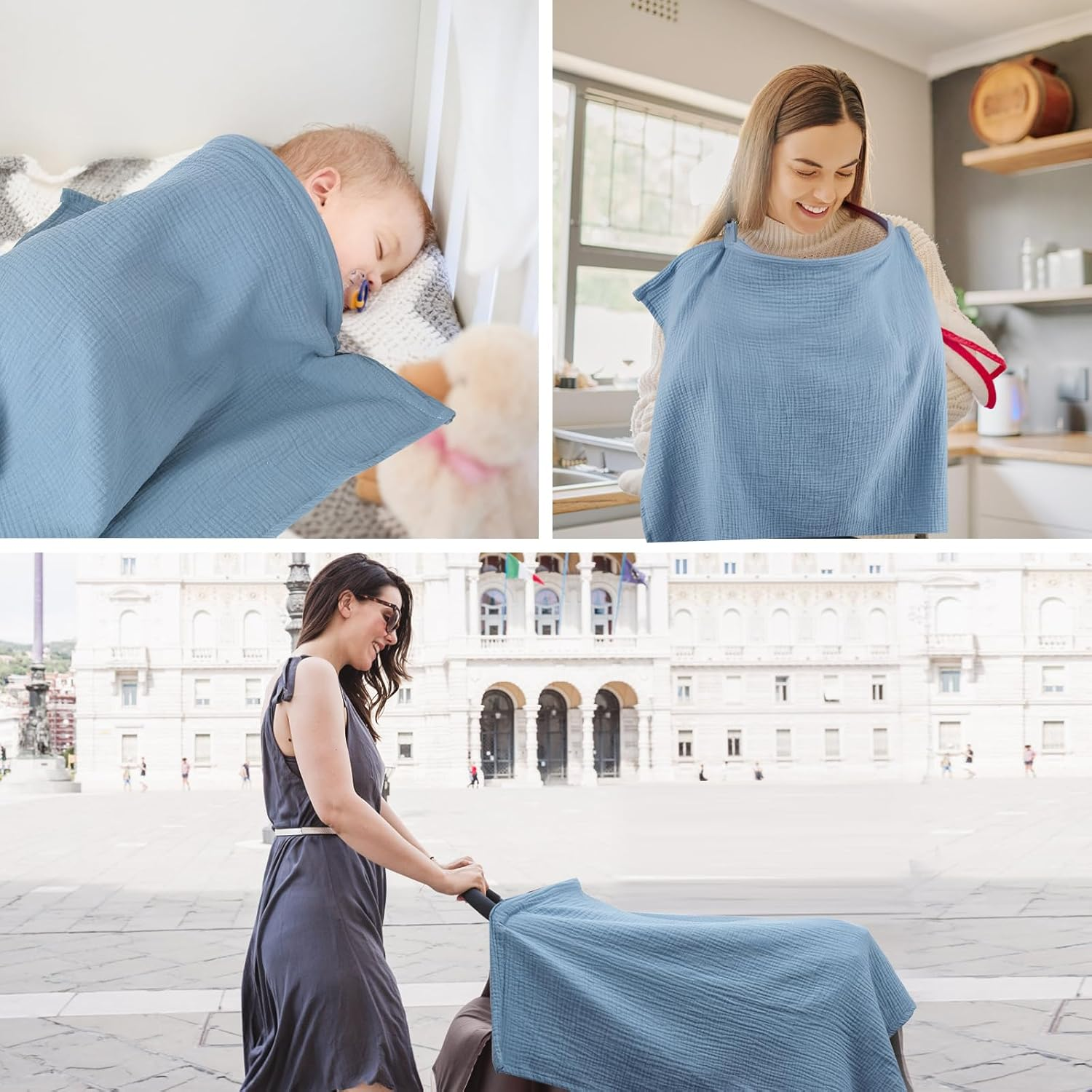 Muslin Nursing Cover for Baby Breastfeeding, Breathable Privacy Nursing Cover with Arch Neckline for Mom, Organic Cotton Multi-Use Nursing Apron (Blue) - Green image number 3