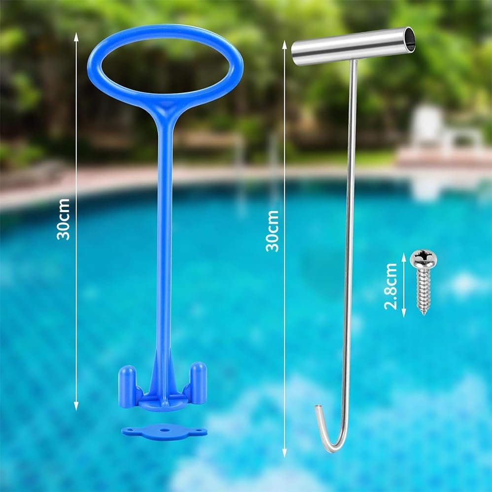 2 Silver Stainless Steel Hook & 2 Blue Skimmer Basket Handle for Inground Pool, Inground Swimming Basket Handle Cleaning Tool for Debris Removal,Keep Hands Clean and Safe Supplies image number 1