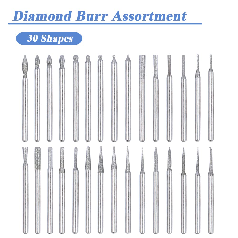 Bestgle 30 Pcs Diamond Burr Assortment Kit, 3Mm round Shank Diamond Coated Burrs Deburring Engraving Carving Drills Bits for Rotary Tool Accessories image number 6