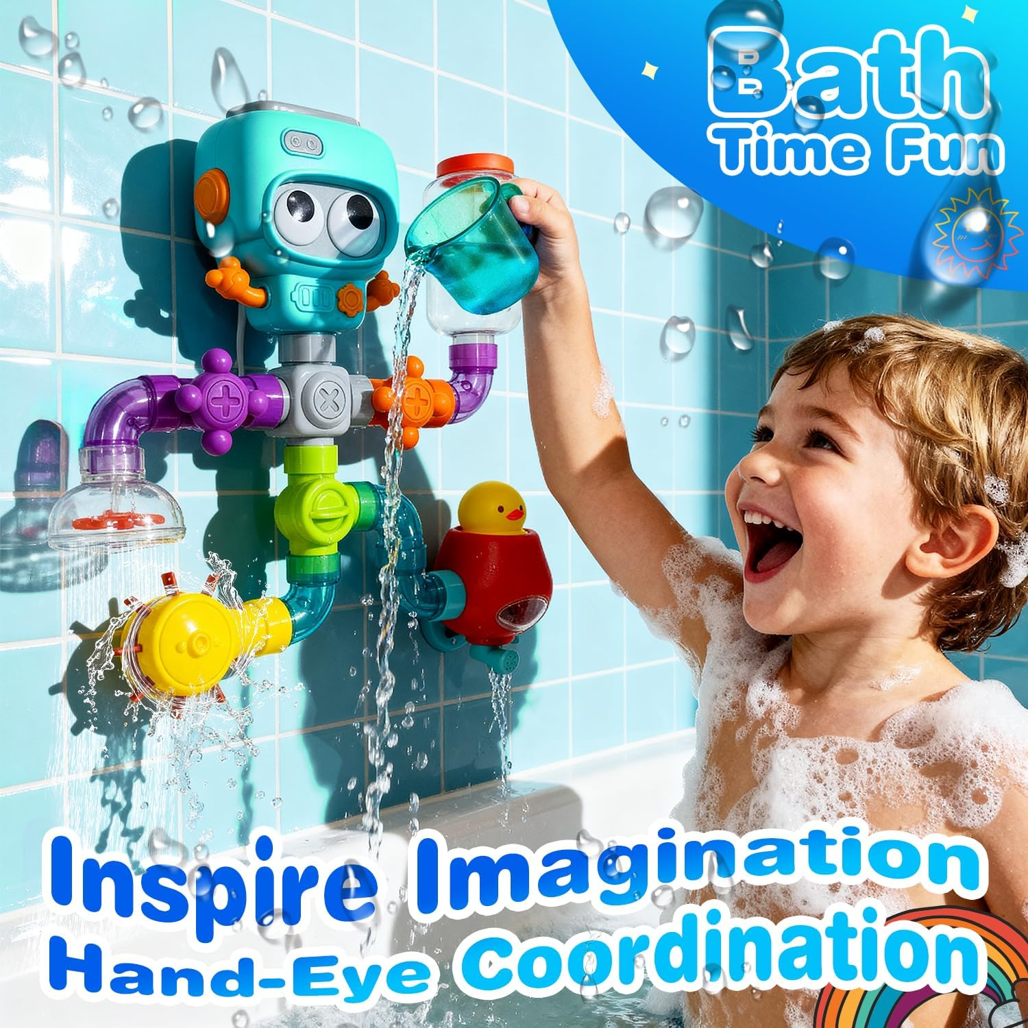 Wukon Baby Bath Toys for Toddlers - Waterworks Pipes Bath Toy for Kids Ages 3-8 with Suction Cups, Baby Bathtub Toy with Interactive Features for Cognitive Development Learn Gift for Boys Girls image number 5