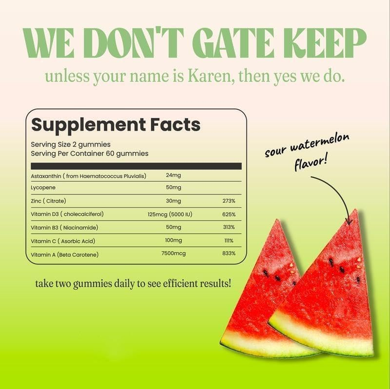 Tanning,Natural Tanning Gummies with Astaxanthin 24Mg, Lycopene 50Mg, Beta Carotene 7500 Mcg Supplement Supports Skin Health & Glow, Watermelon Flavor - 60