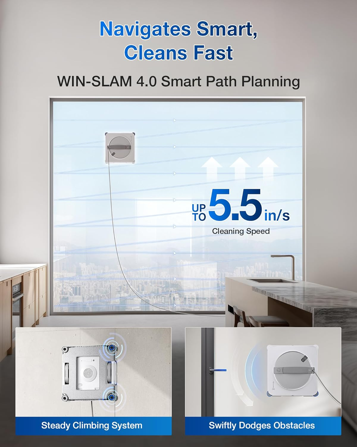 ECOVACS WINBOT W2S Window Cleaning Robot, Intelligent Edge-To-Edge Cleaning with Truedge Scrubbers, 3 Water Nozzles, 10-Level Safety System, Win-Slam 4.0 Route Planning, Even Climbing System image number 2