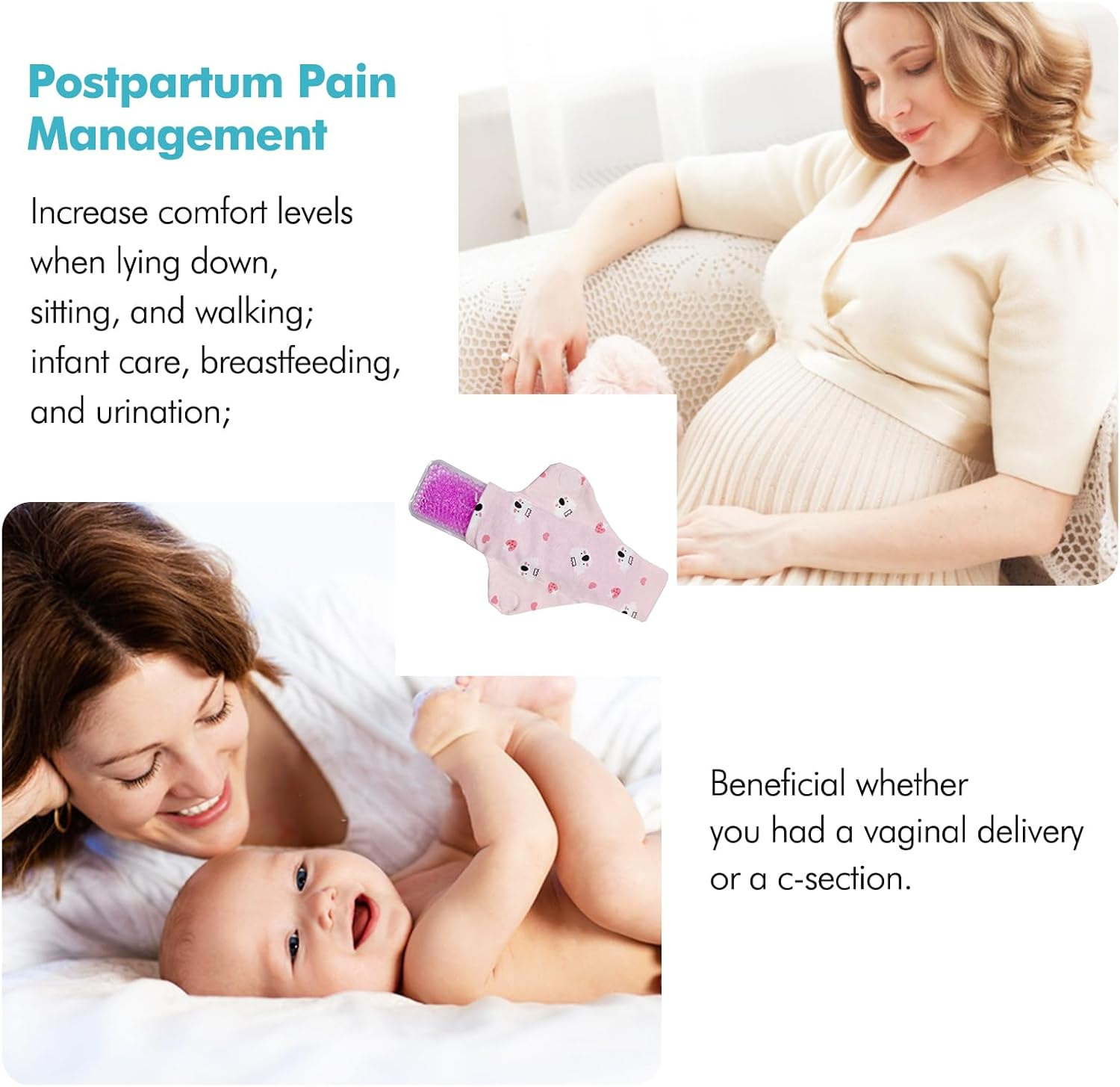 Vecozey 2 Perineal Cold Packs for Maternity Postpartum Care, Reusable Hot & Cold Ice Wraps with Washable Cotton Sleeves for Post Partum & Hemorrhoid Pain Relief, Cooling Pads for Women after Birth image number 2