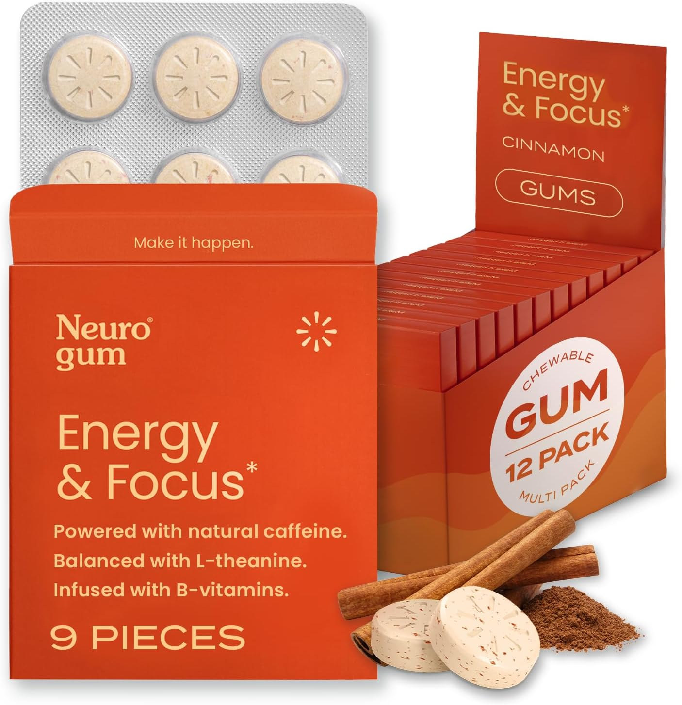 Neurogum Energy Caffeine Gum (108 Pieces) - Sugar Free with L-Theanine + Natural Caffeine + Vitamin B12 & B6 - - Keto & Vegan, Cinnamon Flavor image number 2