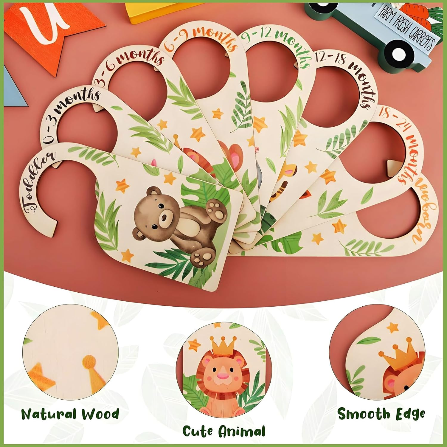 MYTOAU 8Pcs Wooden Baby Closet Dividers,Nursery Hanger Dividers Cute Wooden Closet Dividers with Animal Patterns,Double-Sided Wardrobe Divider for Baby Clothes Sorting & Nursery Decor image number 4