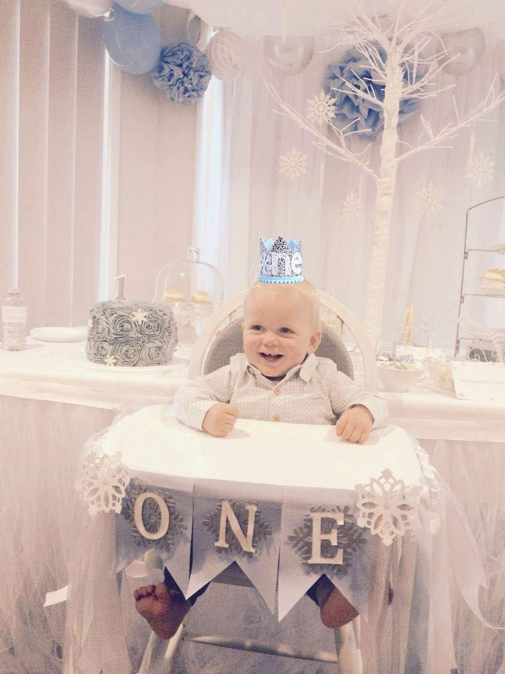Snowflake Crown 1St Birthday Hat - Prince Charming First Birthday Party Headband， Trim Blue and Silver - Winter Wonderland Party Hat for Boy - Best Photo Booth Props， Backdrop Cake Smash (Blue Silver) - Blue Silver image number 5