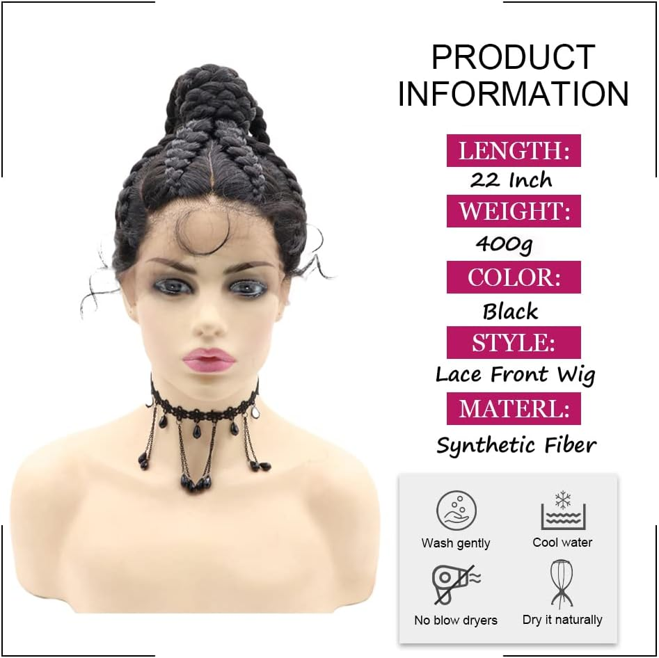 Afbeauty Black Braided Lace Front Wig for Women Synthetic Handmade Black High Ponytail Braided Wig with Baby Hair Heat Resistant Fibre Braid Wigs for Cosplay Party Makeup image number 2