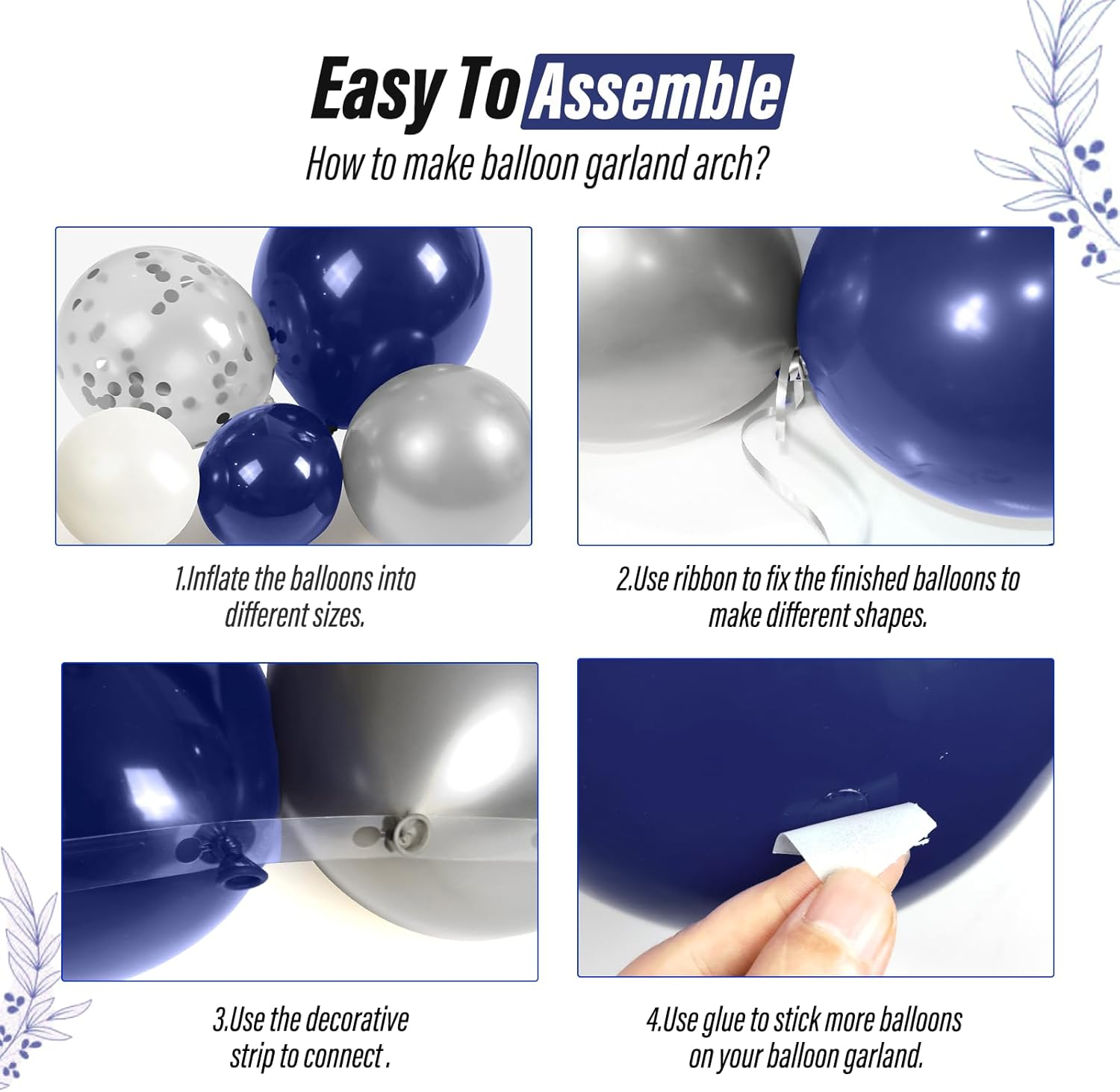 FOTIOMRG Navy Blue and Silver Balloon Garland Arch Kit, Royal Blue Metallic Silver White Balloons for Birthday Baby Shower Wedding Graduation Party Decorations image number 2