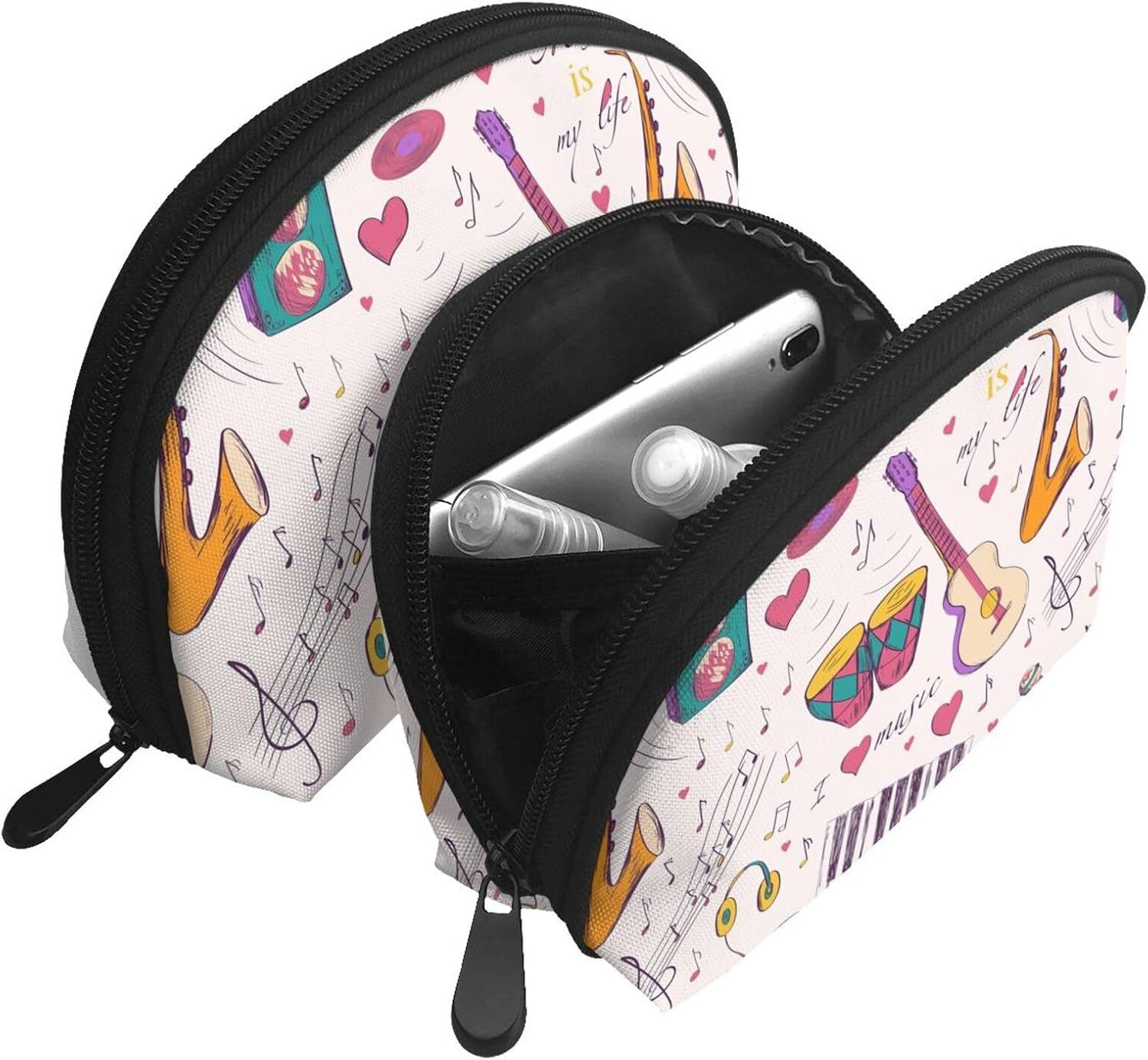 Cozimangoe Coin Pouch Makeup Bags Set, 2 Piece Shell Shape Cosmetic Bag with Pockets for Daily Travel Handbag Lipstick Keys Toiletry, Personalized Music Records Blues Music Is My Life Theme image number 3