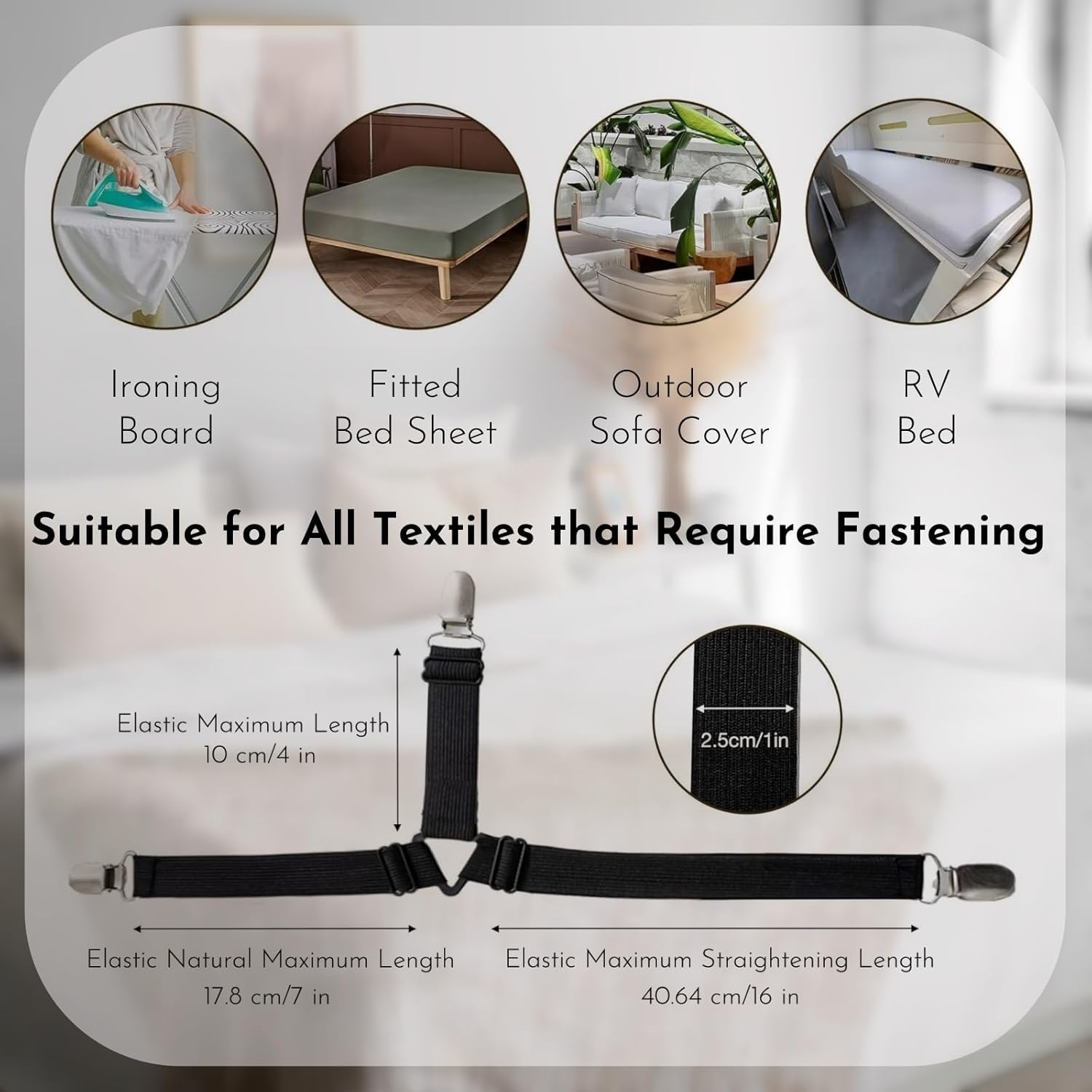 Bed Sheet Straps, Holder & Fasteners Set of 8- Keep Fitted Sheets Firm & Tight with Heavy-Duty Elastic Straps for Twin, Queen, King Size - Ideal Bedroom Accessories (Black & White) image number 1