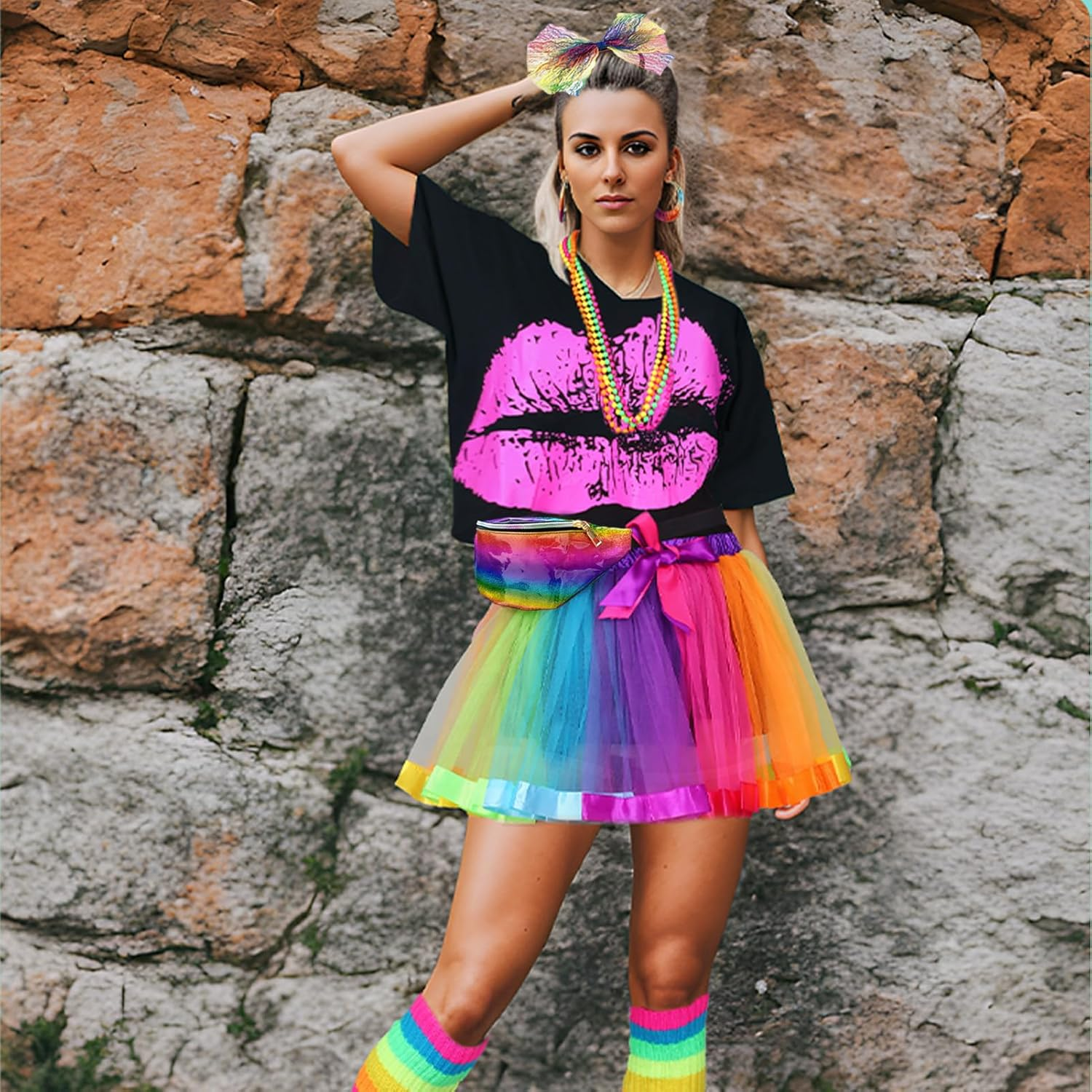 80S Fancy Dress for Women 80S Costume Accessories Set Lips Print T-Shirt Adult Tutu Skirt Lace Headband Neon Earrings Necklace Leg Warmers Fishnet Gloves Bracelet for Party image number 1