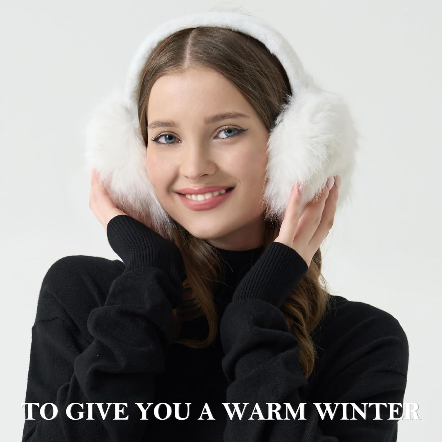 Ear Muffs for Winter Women Girls Faux Fur Fuzzy Earmuffs Foldable Ear Warmer Fleece Lining Ear Covers - Black image number 2