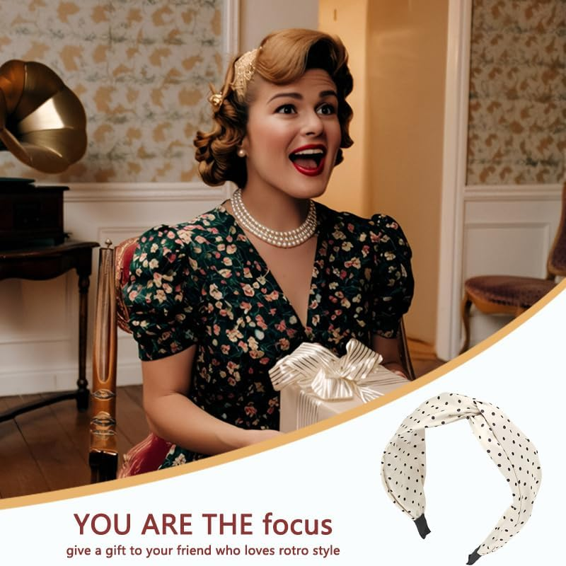 Polka Dot Headband Top Knot Headband for Women Polka Dots Head Band Wide Knotted Headbands for Women Girls Polka Dot Hairband Fashion Beige Hair Accessories