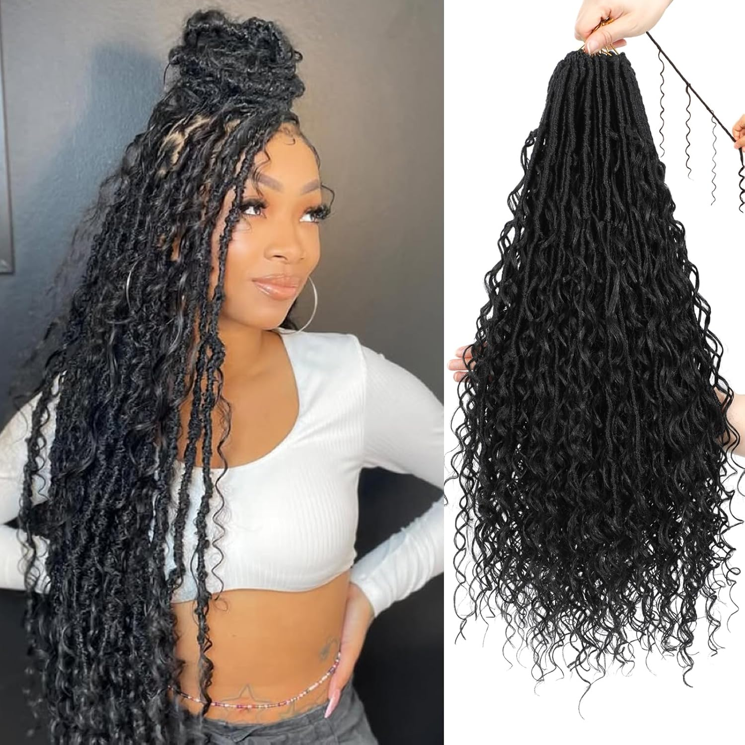 XIIMENALU Boho Faux Locs Crochet Hair 8 Packs Goddess Soft Locs with Curly Ends Pre-Looped Bohemian River Locs Crochet Hair Extensions for Black Women (1B#, 30 Inches (Pack of 8)) image number 2