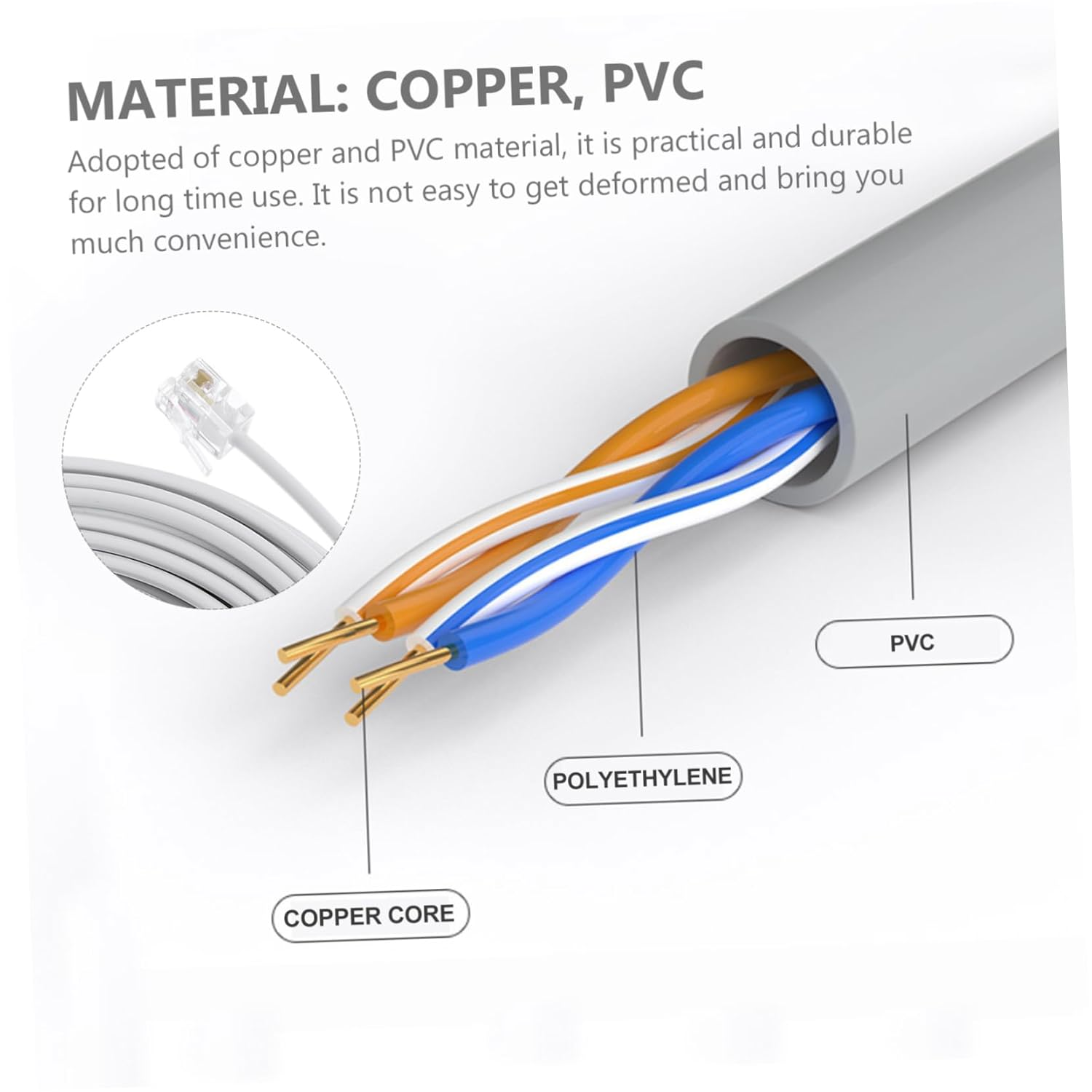 Angoily Cord Length 20M Telephone Connecting Line RJ11 Telephone Wire White Extension Cable image number 2