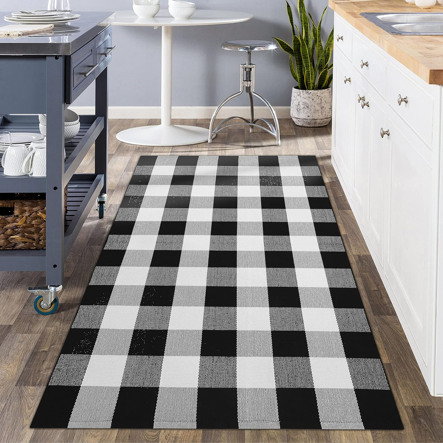 EARTHALL Cotton Buffalo Plaid Check Rug 3'X 5' Black and White Area Rug, Hand-Woven Kitchen/Frontdoor/Living Room/Laundry Room/Bathroom/Bedroom Washable Retro Lattice Checkered Carpet (35.4''X59'') image number 1