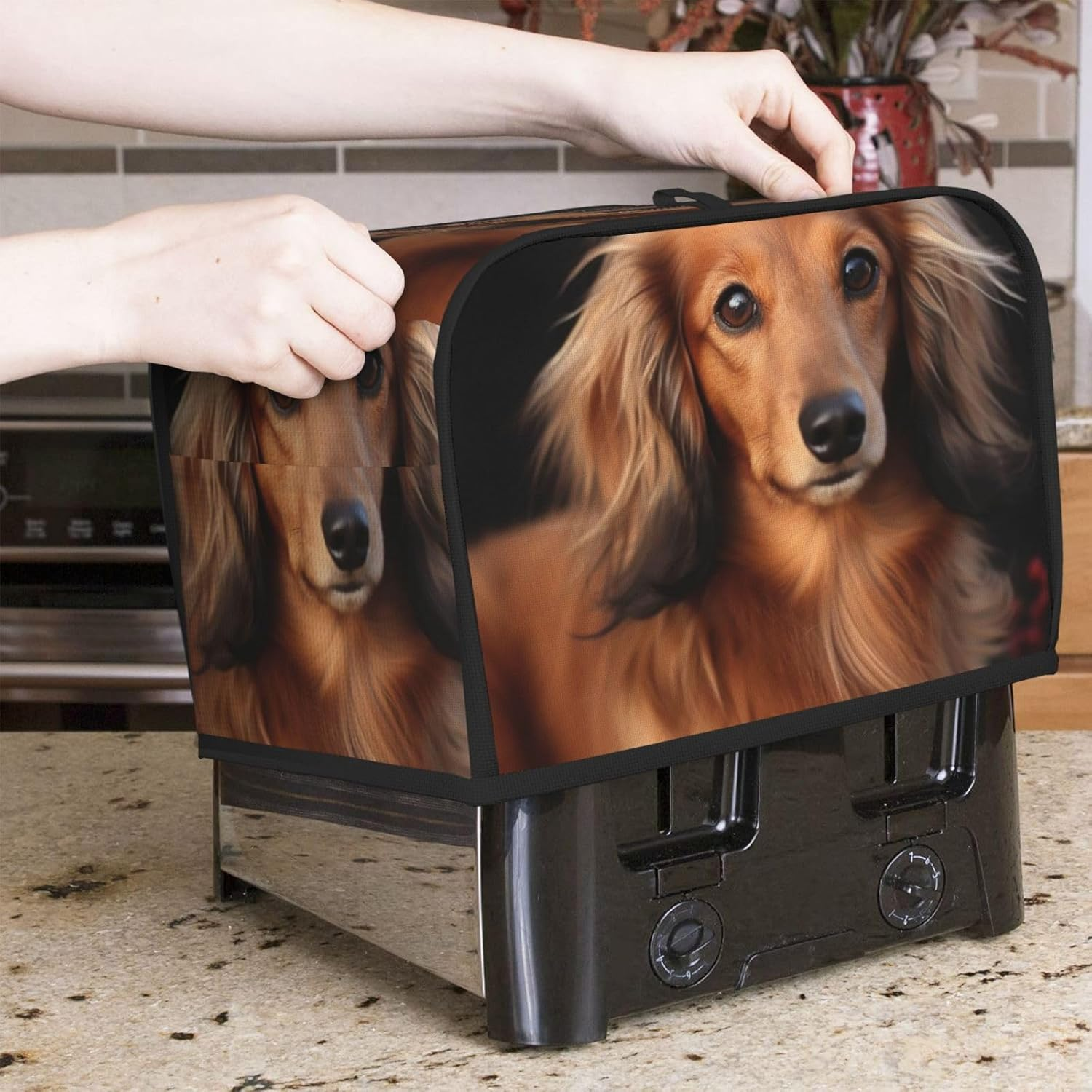 2 Slice Toaster Covers Quilted Bread Maker Cover Small Appliance Cover with Handle Long Haired Dachshund Toasters Dust Cover for Home Table Kitchen Decor image number 6