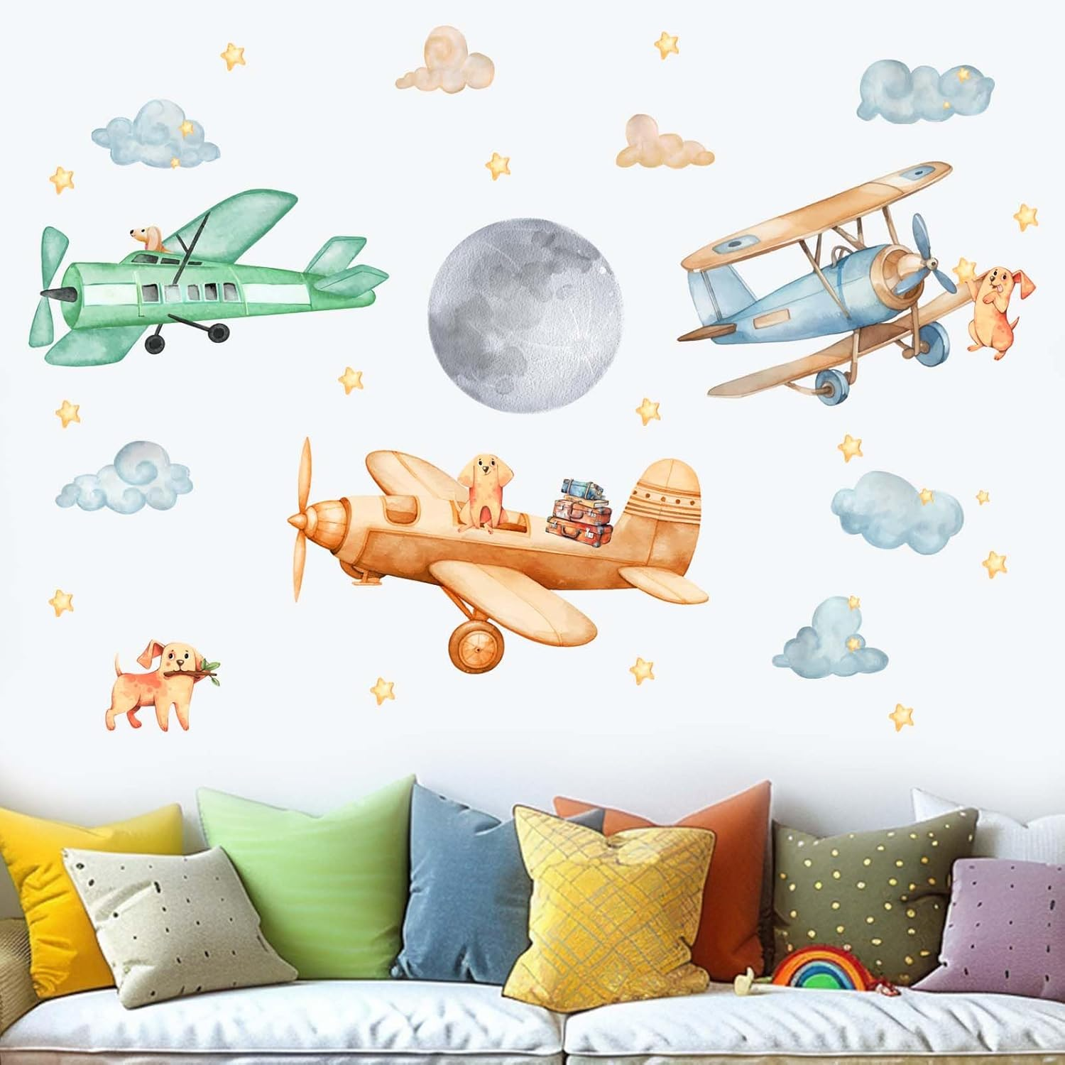 Amimagen Airplane Wall Decals - Puppy Aircrafts Wall Stickers - Kids Baby Boys Nursery Children Daycare Bedroom Playroom Wall Decor image number 1