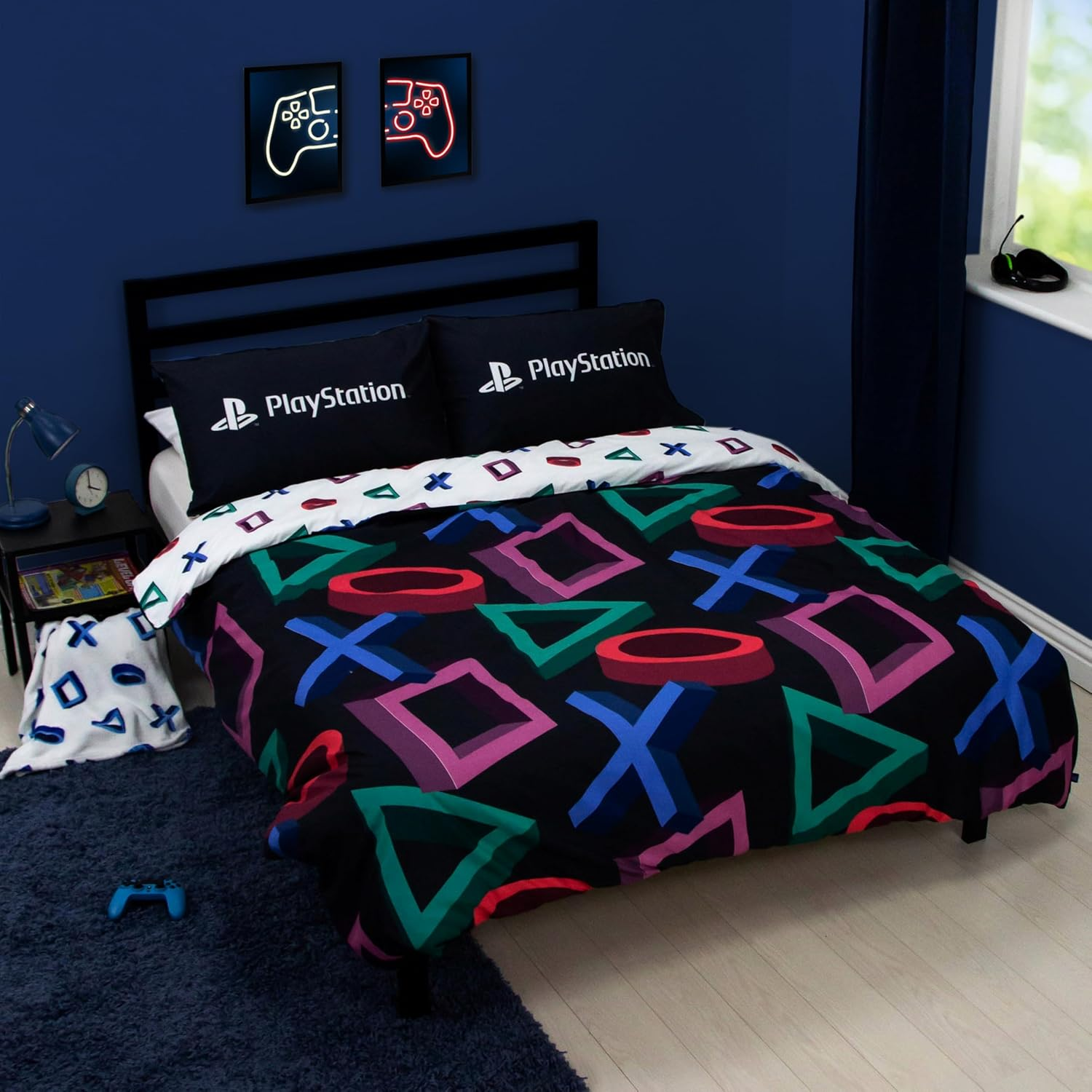Official Playstation Double Duvet Cover Set | Abstract Design Reversible 2 Sided Bedding Including Matching Pillow Cases | Gaming Black Double Bed Set