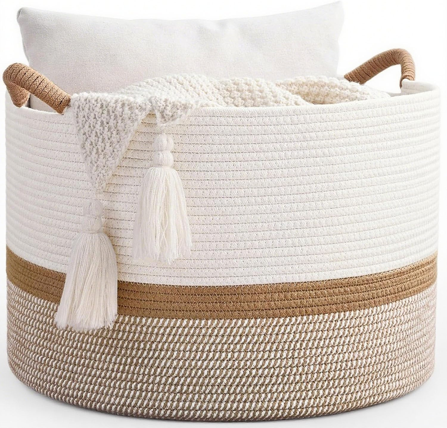 OWNKING Large Capacity Storage Baskets, Laundry Basket, Tall Woven Cotton Collapsible Laundry Hamper, Decorative Versatile Blanket Basket for Clothes, Blankets, Toys Storage & Organization, 20X20X13In