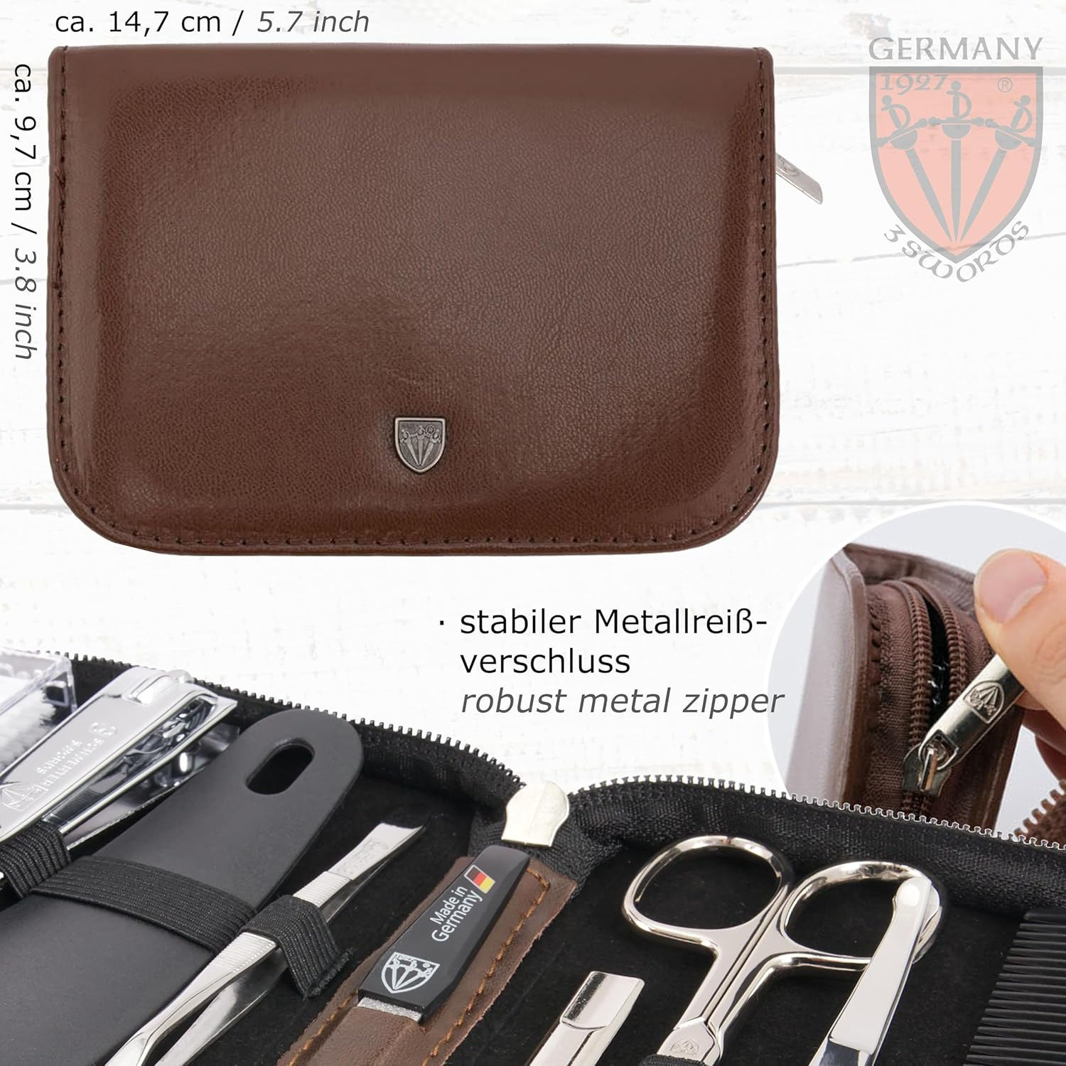 3 Swords Germany - Brand Quality 10 Piece Manicure Pedicure Grooming Kit Set for Professional Finger & Toe Nail Care Tweezers File Clipper Fashion Leather Case in Gift Box, Made by 3 Swords (01610) image number 1