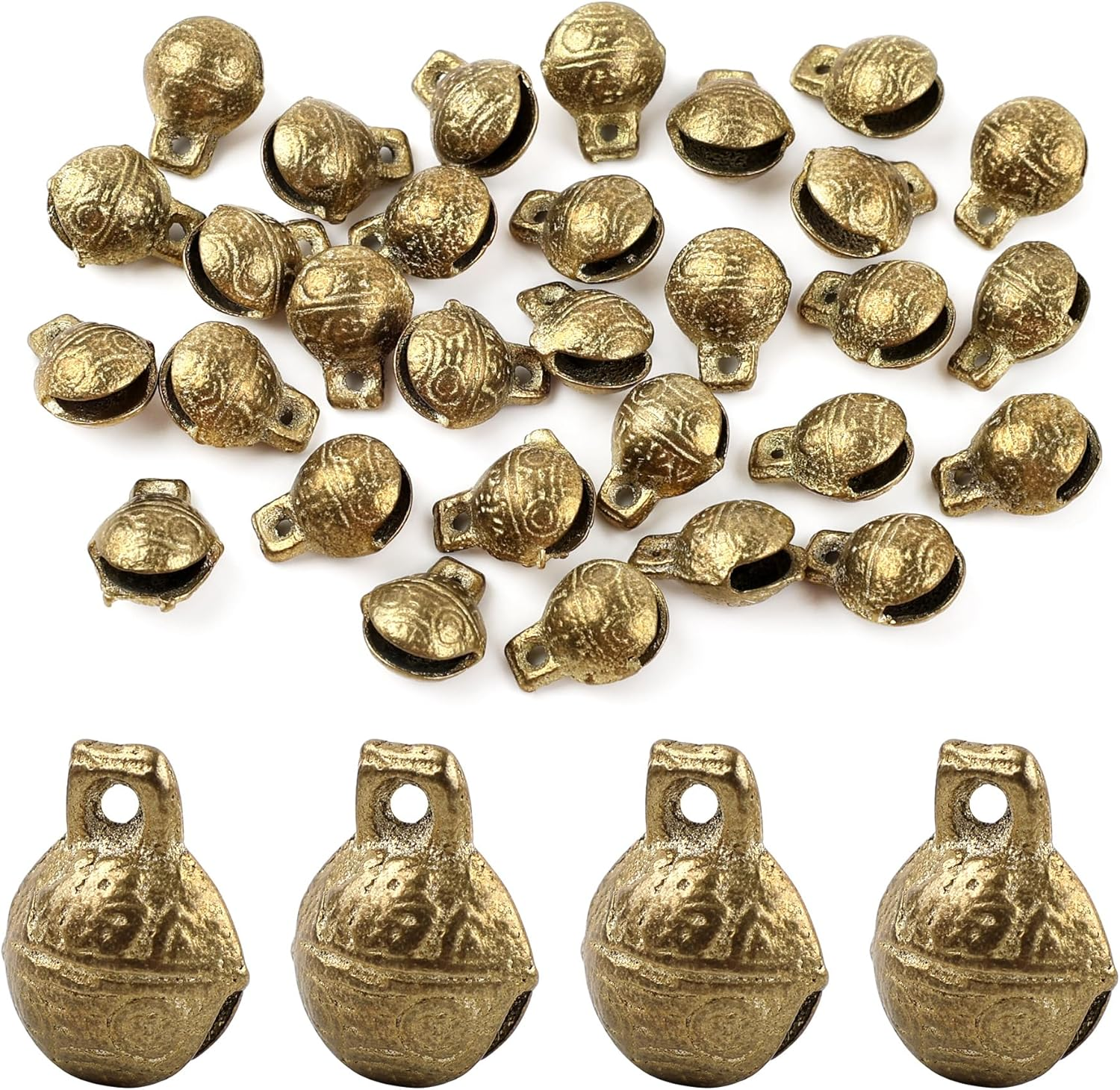 AUEAR, 30 Pack Antique Gold Bells Tibetan Brass Bells Vintage Indian Bells Charms Pendants for Pet Bell Dog Collar Bells Crafting Home Door Decor, Brass