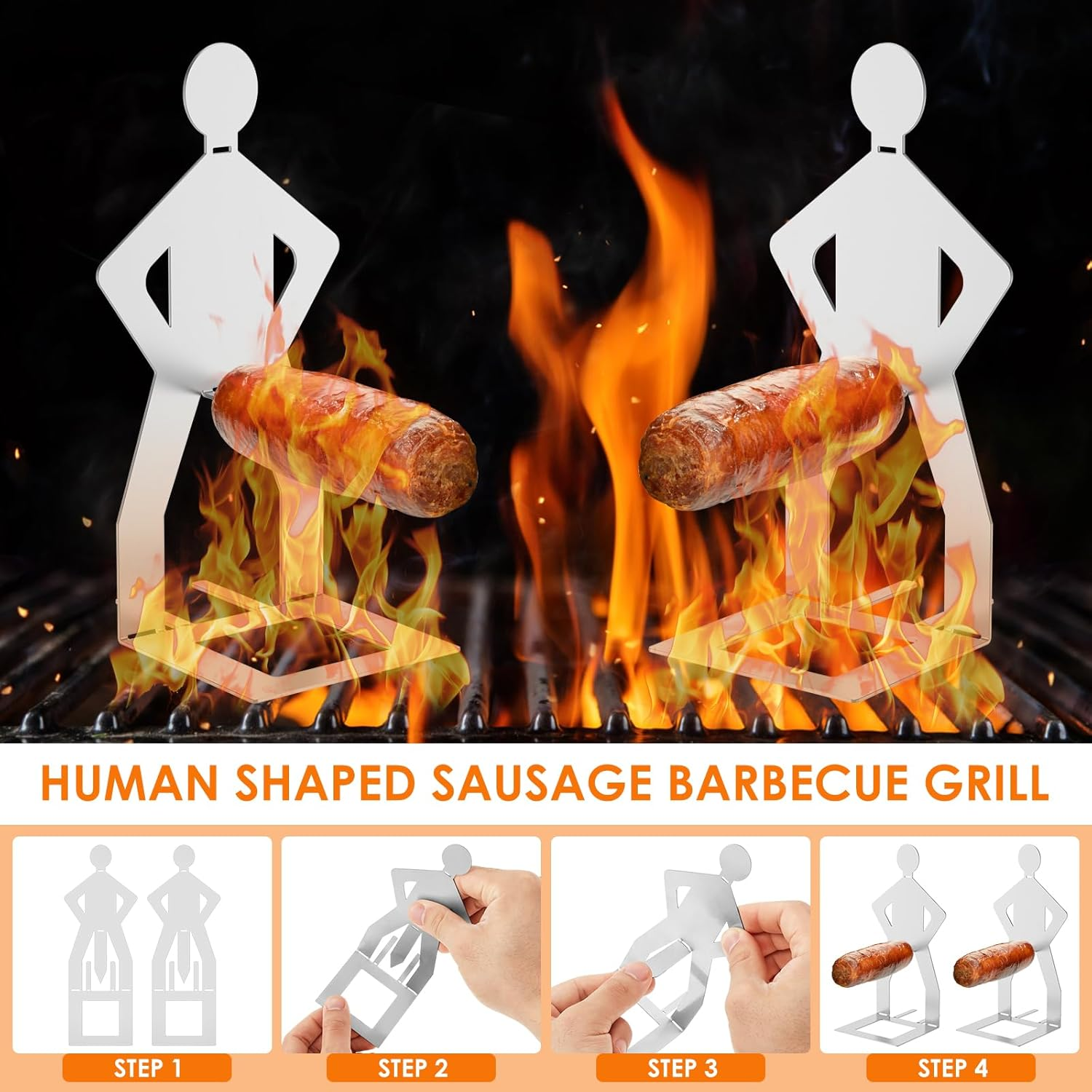 4Pcs Funny Hot Dog and Sausage Stand,Stainless Steel Standing Man Sausage Barbecue Rack,Portable Hot Dog BBQ Holder for Gathering Camping Outdoor image number 3