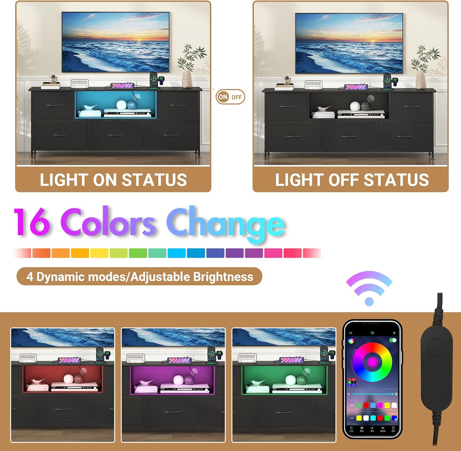 Advwin TV Unit Cabinet 140Cm with 16-Color RGB LED & Charging Station, TV Stand with 5 Storage Drawers & Open Shelf, Entertainment Center for Living Room, Bedroom, Black image number 4