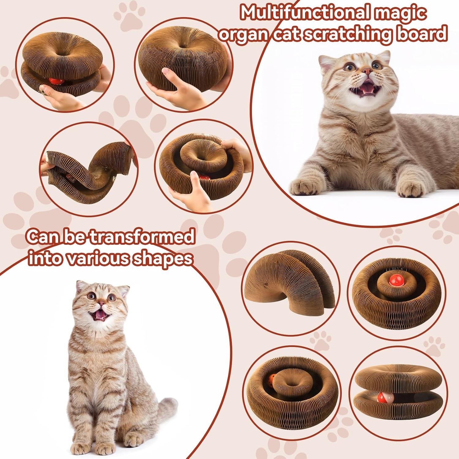LOVELEDI Cat Scratcher Toy - Kitty Kurlz Cat Scratching Board Toy with a Cat Ball Adventure, Foldable Scratch Pad Cat Accordion Toy for Mental Physical Exercise, Fun Interactive Indoor Cat Toys