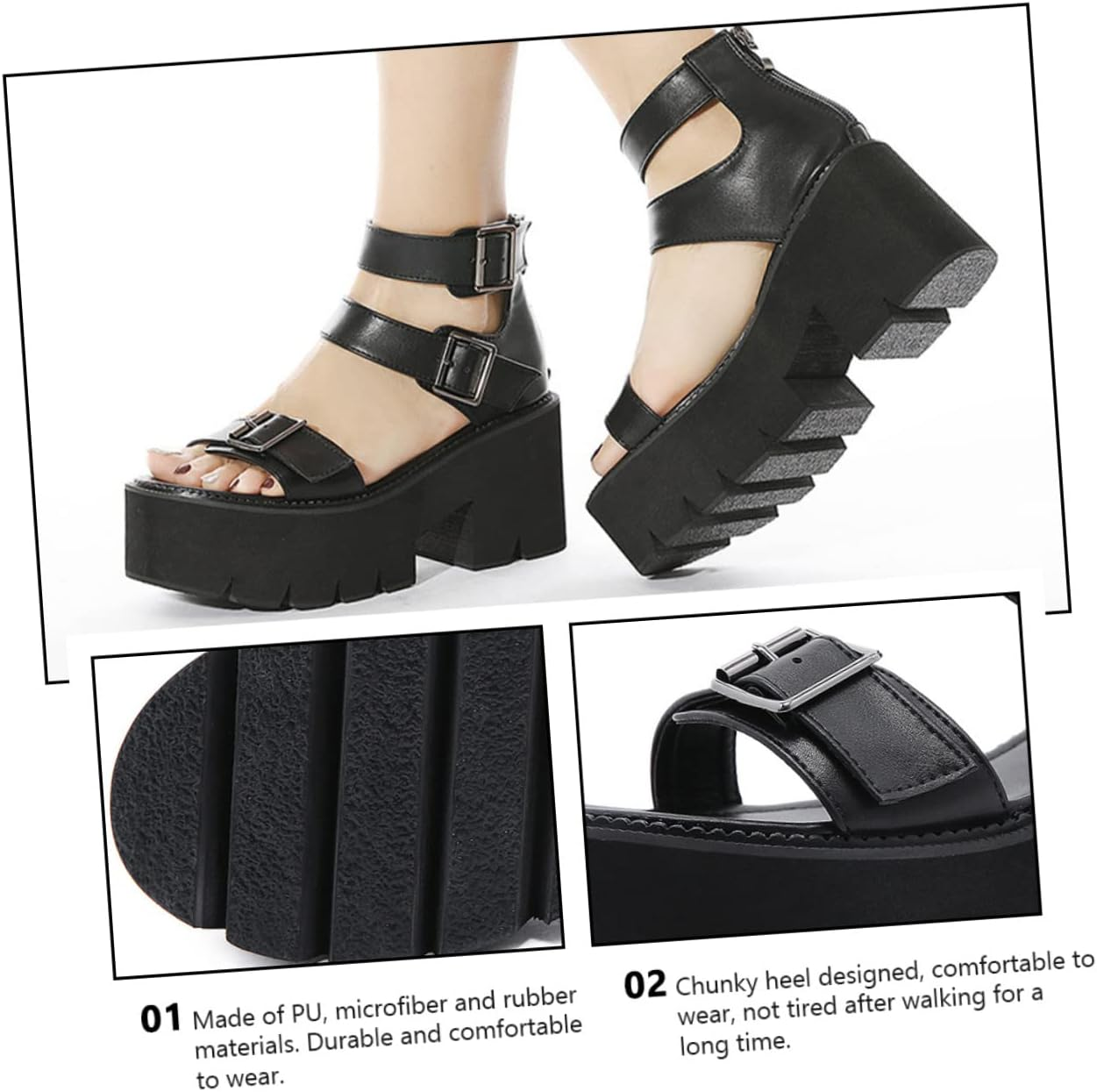 Healeved Women&rsquo;S Black Thick Sole Platform Sandals, Summer Chunky Heel Roman Style Footwear, Size 37, Cut-Out Design for Nightclub and Casual Wear image number 5
