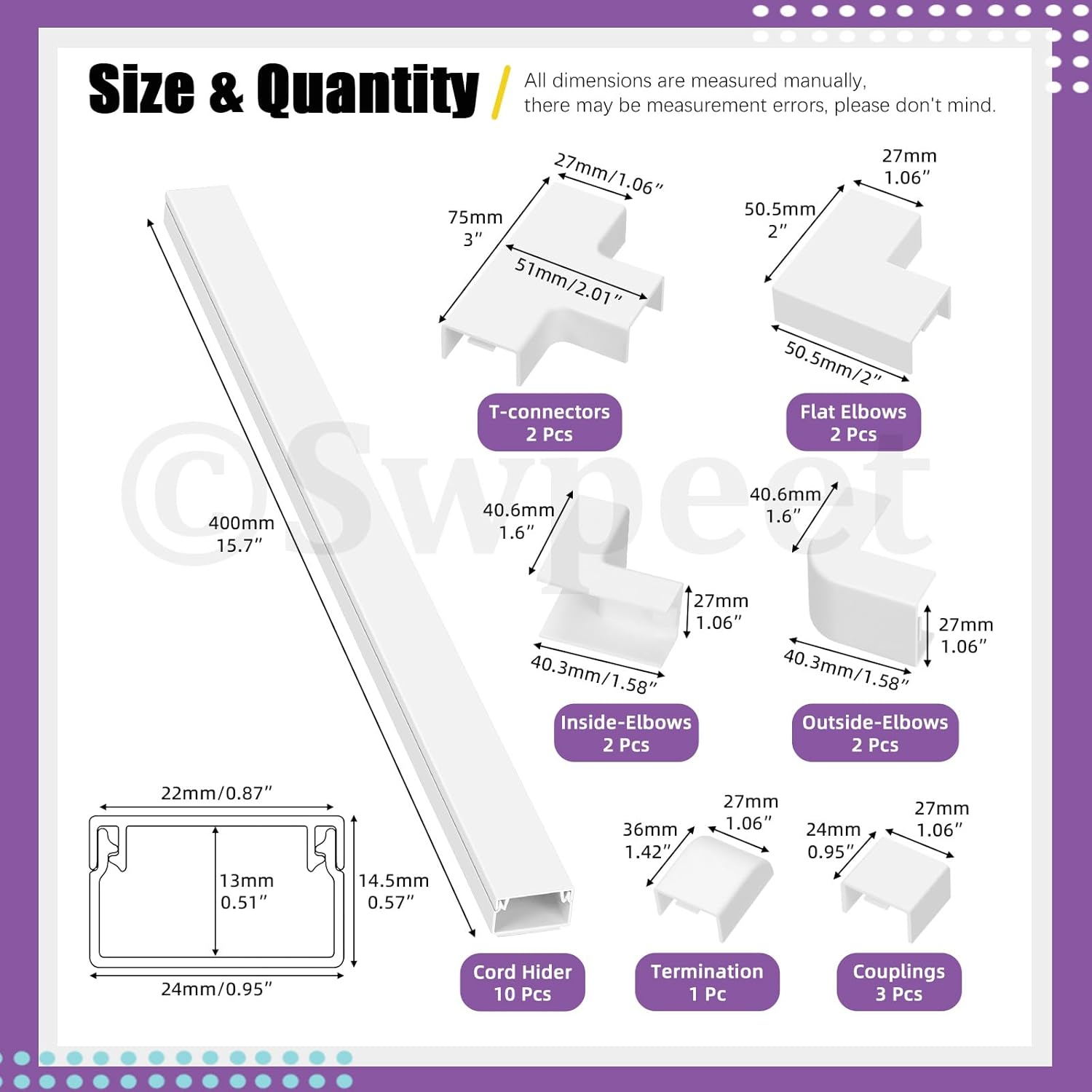 Swpeet 22Pcs 10 &times; W 0.96In &times; H 0.57In Paintable Cord Hider Kit, Cable Hider Cover Raceway Cord Management Cable Concealer Cord Covers for Wires on Wall Mounted TV