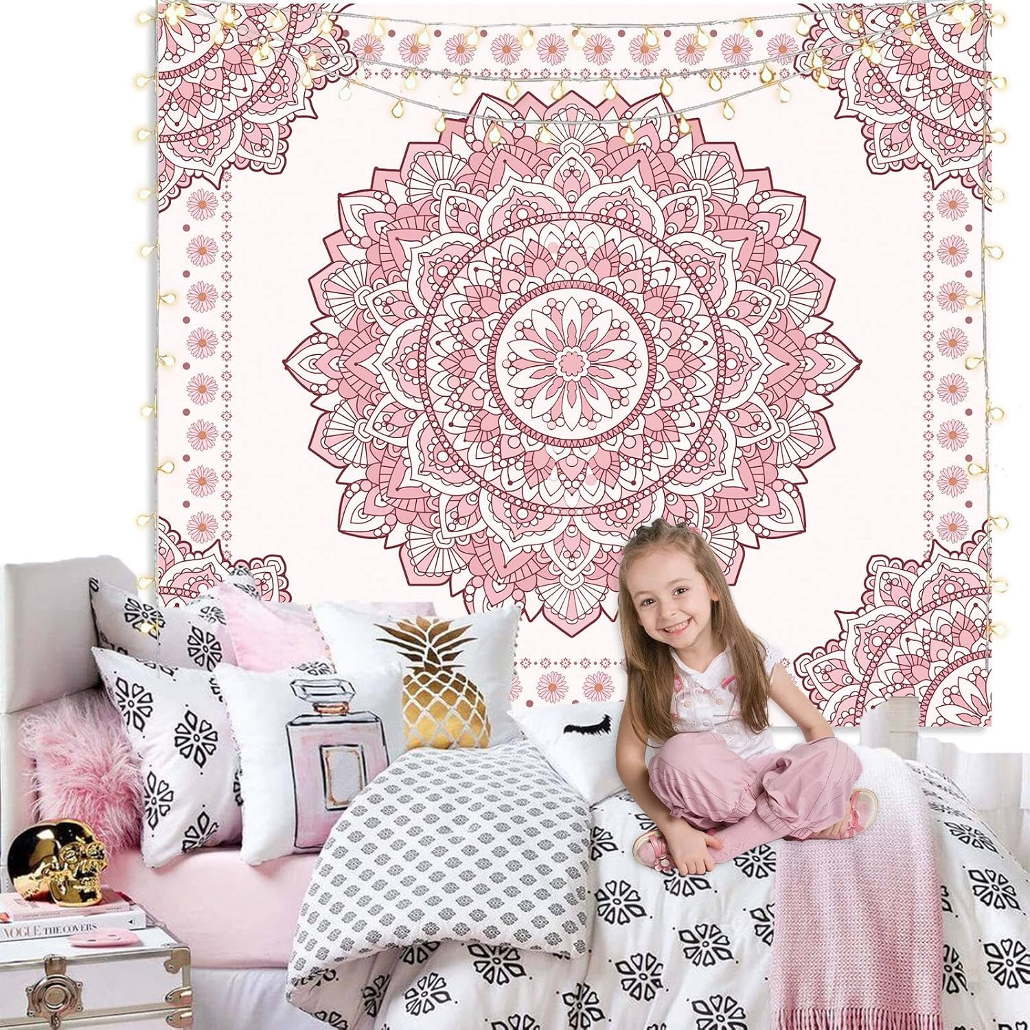 Boho Pink Mandala Wall Tapestry for Bedroom, White and Pink Aesthetic Tapestry Room Decor for Teen Girls, Art Floral Wall Hanging for College Dorm (51''X60'') image number 3