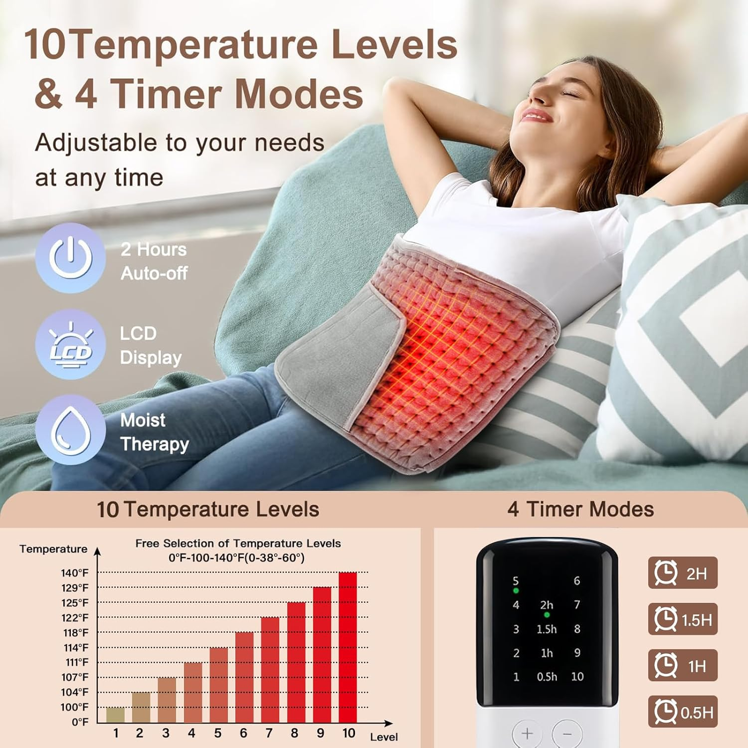 Heating Pad for Back Pain Relief, 30X125Cm Waist Heating Pad, 10 Heating Levels, 4 Timer Setting and Auto Shut Off, Machine Washable, for Period Cramps, Neck Abdominal Shoulder Pain image number 5