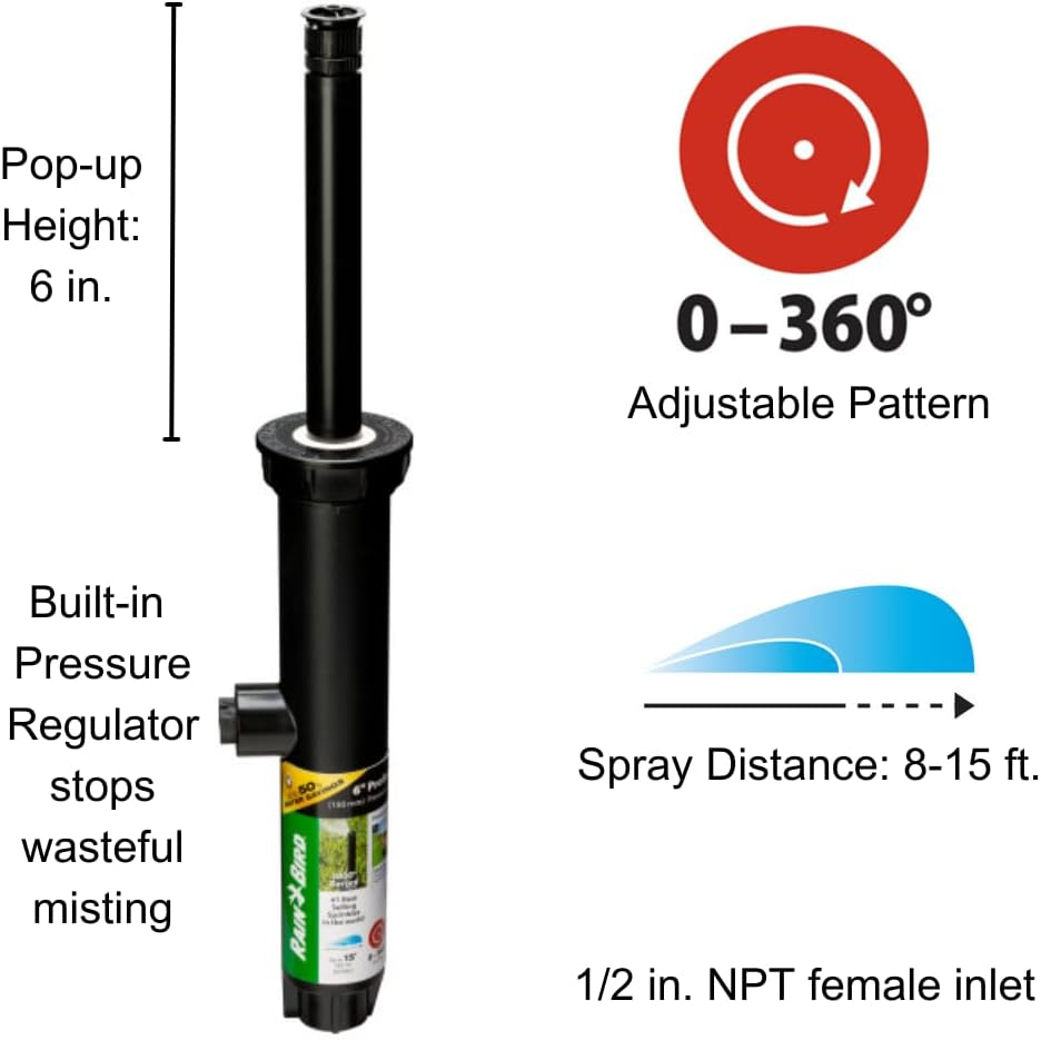 Rain Bird 1806APPRS Pressure Regulating (PRS) Professional Pop-Up Sprinkler, Adjustable 0&deg; - 360&deg; Pattern, 8' - 15' Spray Distance, 6" Pop-Up Height,Black image number 1