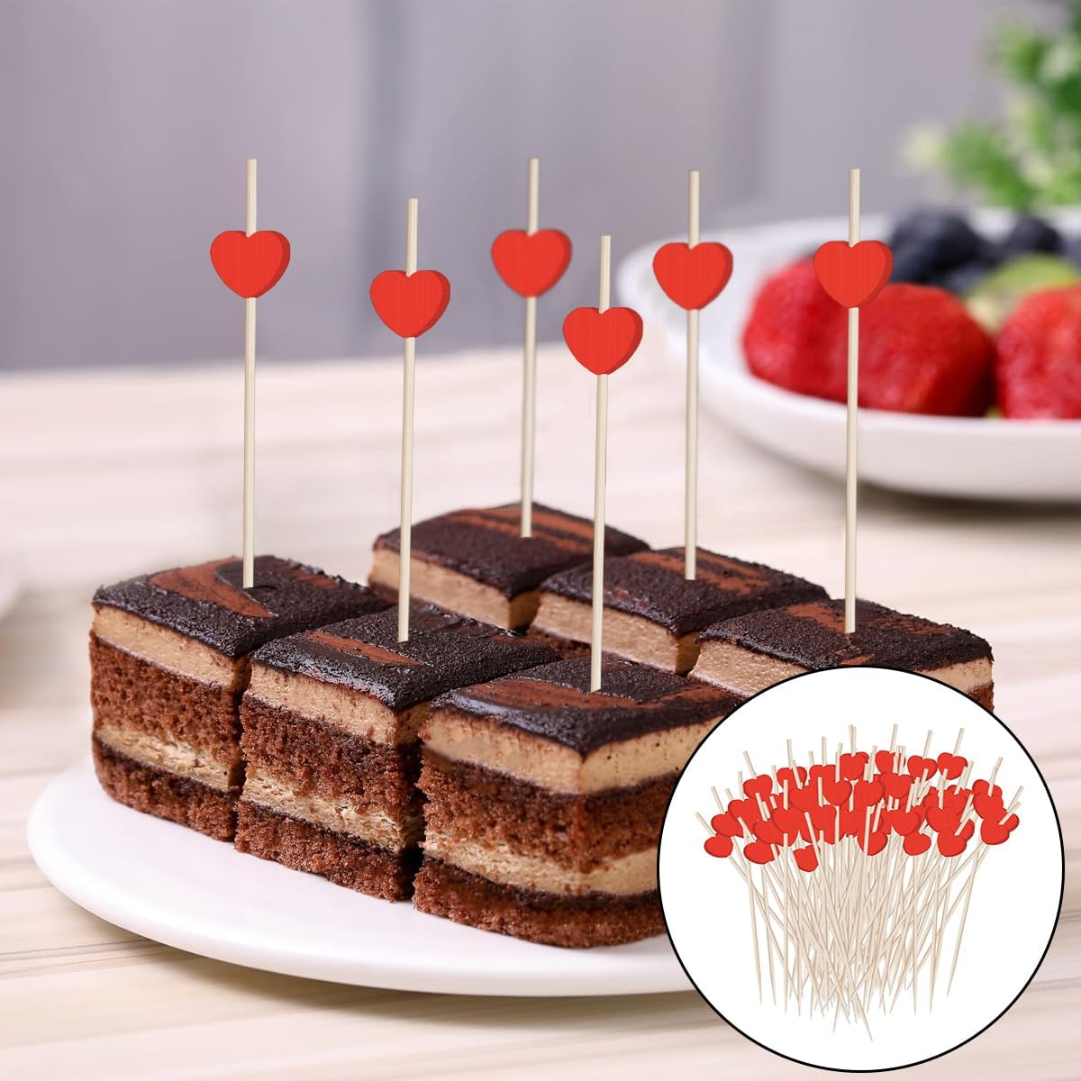 Fruit Sticks, 100 PCS Red Heart Cocktail Picks for Party Birthday Wedding Supplies (12Cm) image number 6