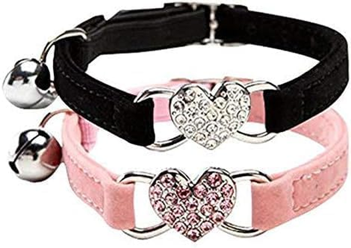 Pink Soft Velvet Safe Cat Adjustable Collar with Crystal Heart Charm and Bells 8-11 Inches(Black+Pink) image number 5