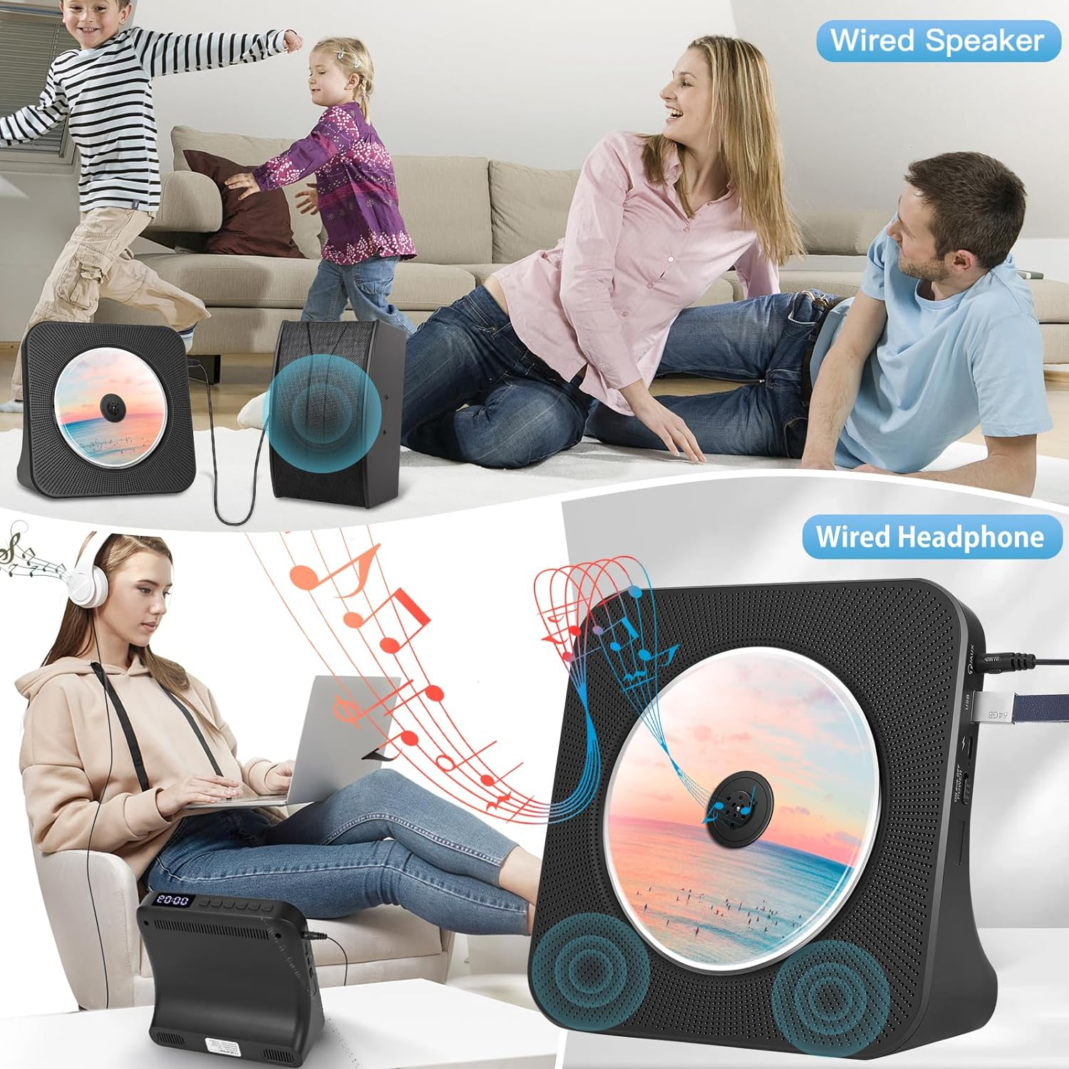 CD Player Portable with Bluetooth, FM Radio CD Players with Hifi Speakers, USB/AUX Ports, Desktop CD Music Player for Home, Black CD Player from SHIWAKOTO image number 5