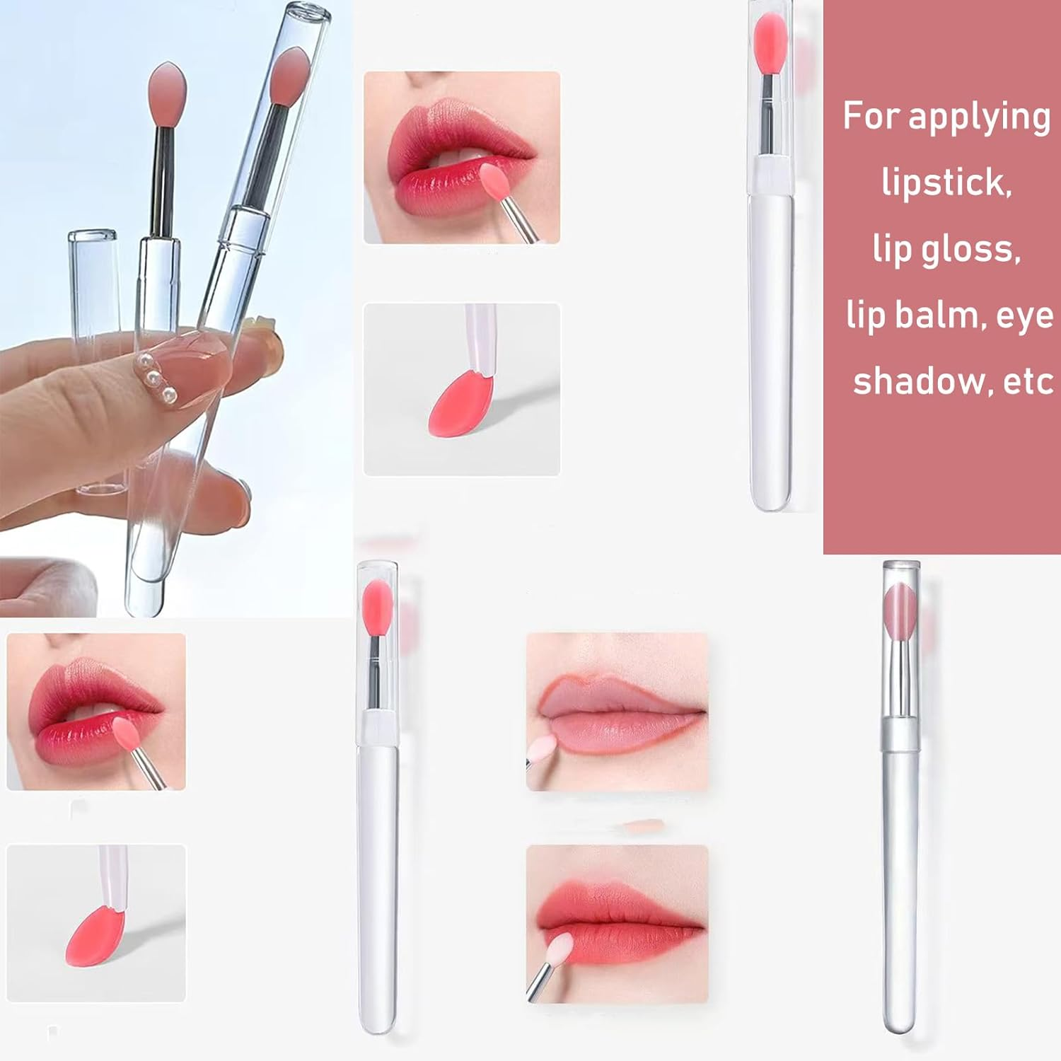 9 Pcs Silicone Lip Brushes with Transparent Handles and Caps,Reusable Perfect Applicators for Cream Lip Mask, Eyeshadow, and Lipstick image number 3