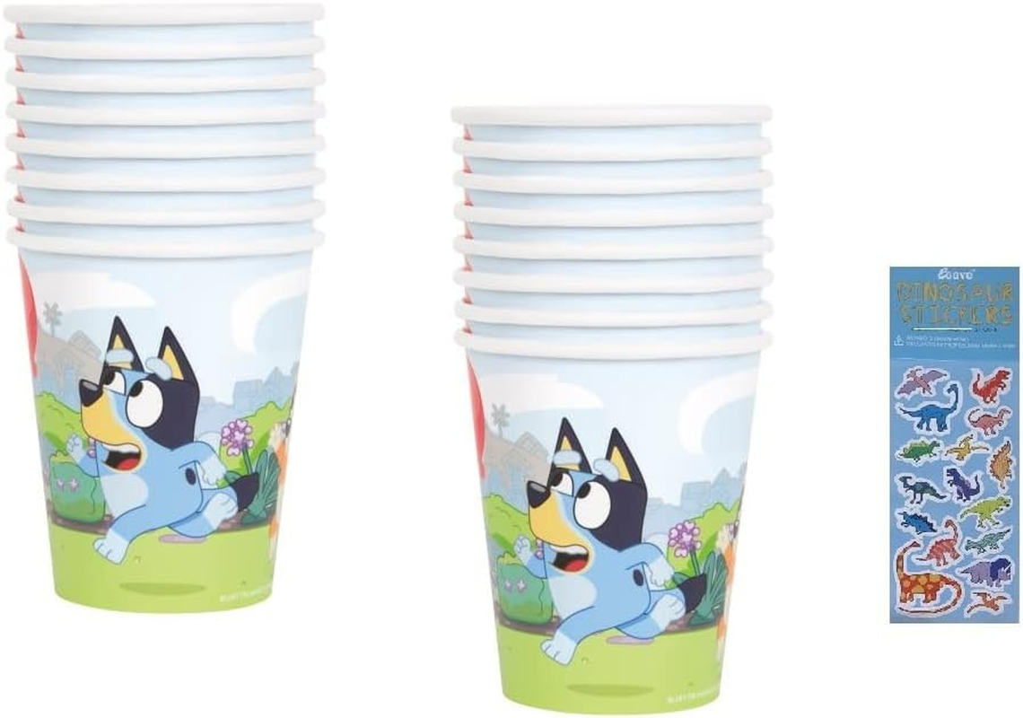 Unique Bluey Birthday Party Supplies Bundle Pack Includes 16 Party Paper Cups and 1 Dinosaur Sticker Sheet image number 1