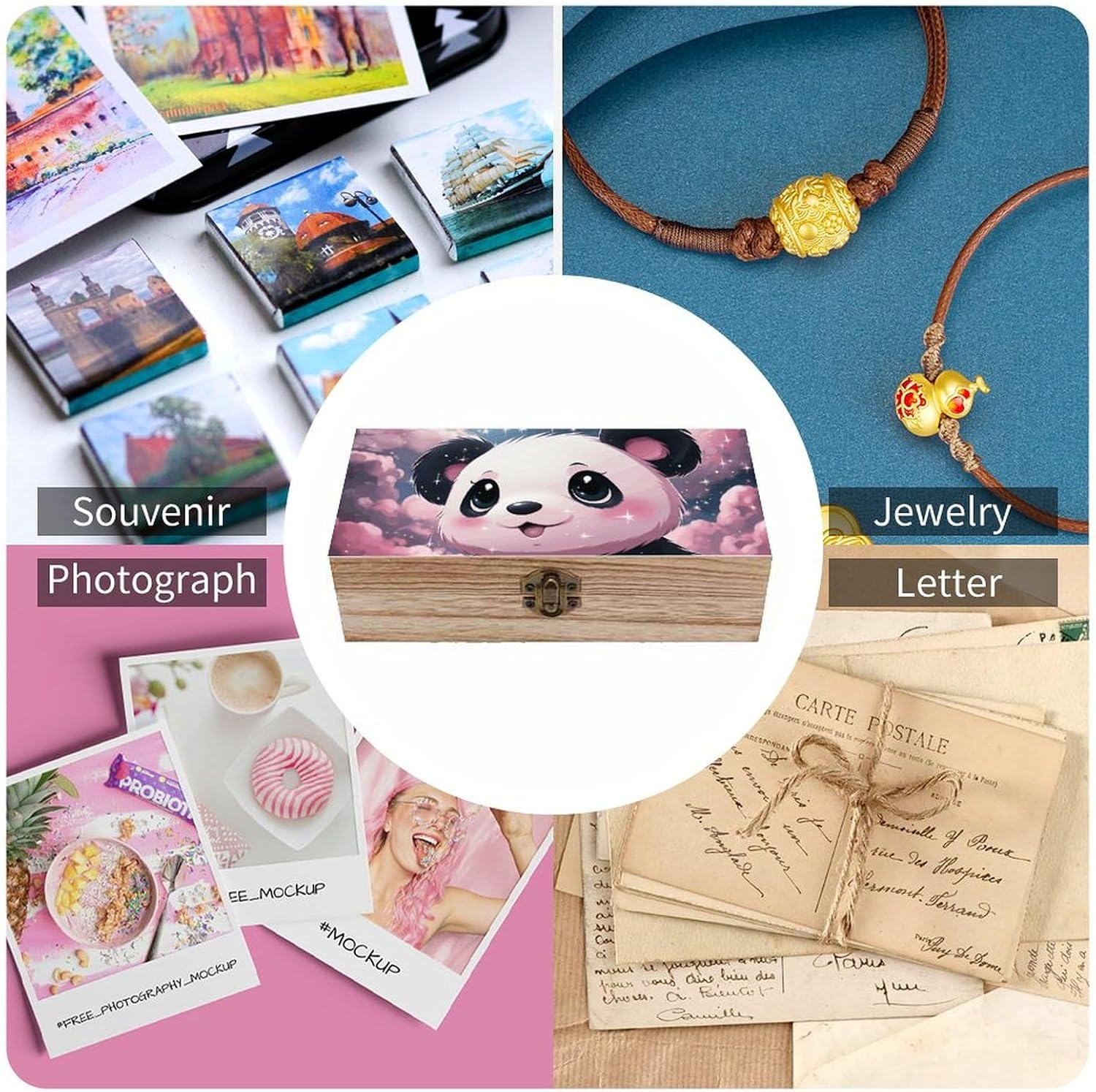 Panda Wooden Box Wood Wedding Keepsake Boxes with Lids Small Decorative Boxes Lightweight Wooden Memory Storage Box for Crafts Keepsakes Jewelry Photo Letter Storage image number 2