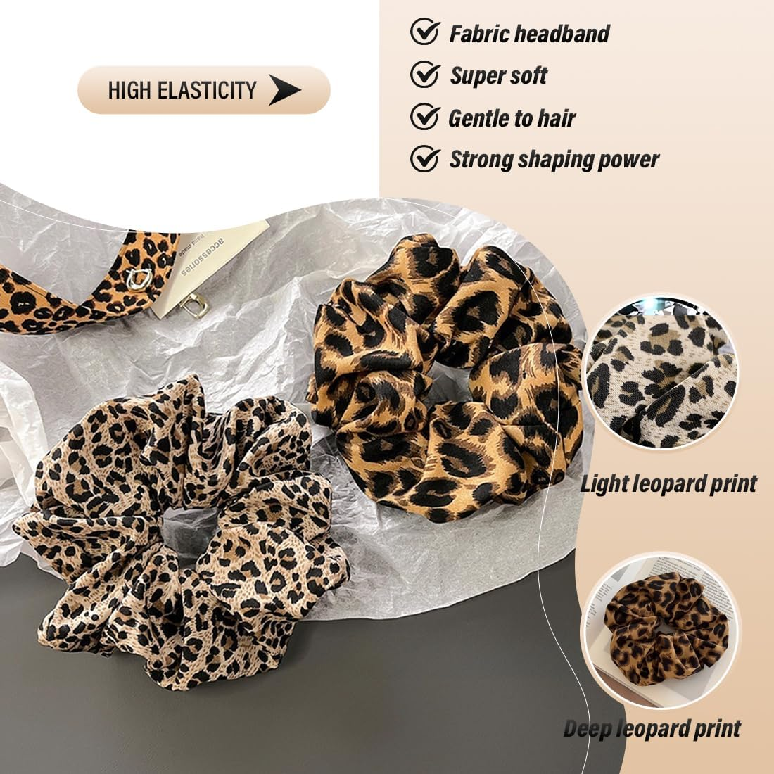 Pack of 2 Scrunchies, Hair Bands, Black and Leopard, Hair Bands for Girls and Women, Silk Scrunchie, Silk Hair Scrunchie image number 1