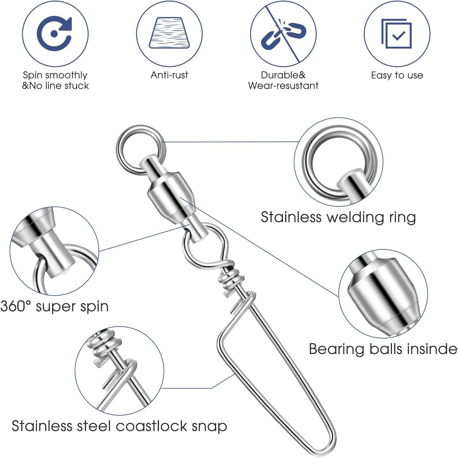 25Pcs High Strength Fishing Snap Swivels Ball Bearing Swivels Stainless Fishing Swivels Saltwater Corrosion Resistance Barrel Swivel for Freshwater Fishing image number 1