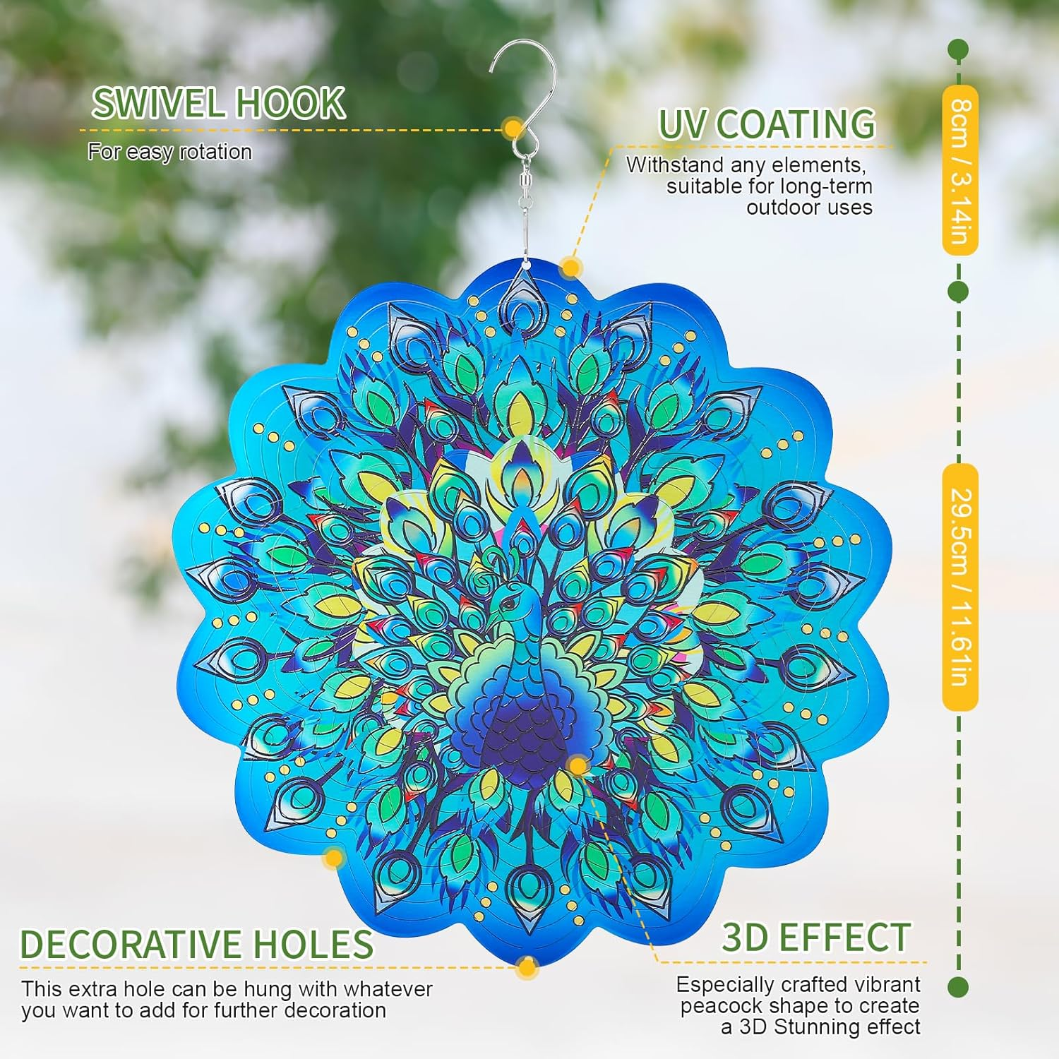 Metal Wind Spinners, Peacock Stainless Steel 3D Hanging Wind Spinners, 12 Inch Laser Cut Wind Sculptures for Women Gift, Indoor/Outdoor Decor, Yard Art Decorations (Peacock) image number 4