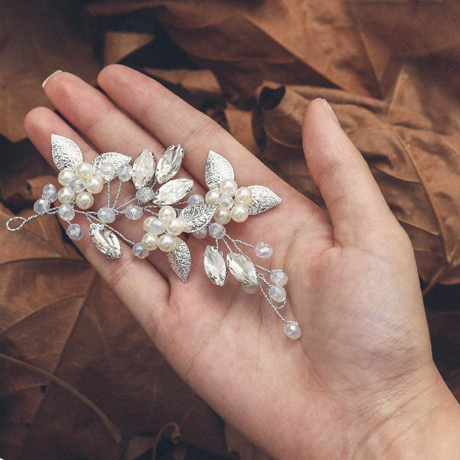 Esshogo Flower Leaf Headpiece, Silver Wedding Crystal, Silver Crystal Headband, Silver Crystal Hair Accessories, Wedding, Hair Accessories for the Bride image number 2