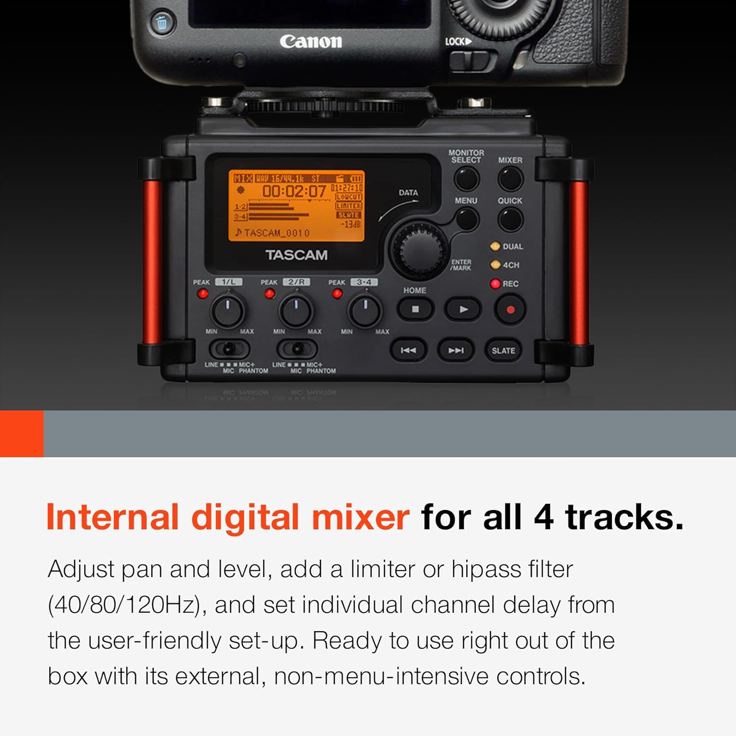 Tascam DR-60DMK2 Tascam 4-Track Recorder/Mixer for DSLR Filmmakers Black 3.67 X 5.24 X 3.07 Inches image number 5