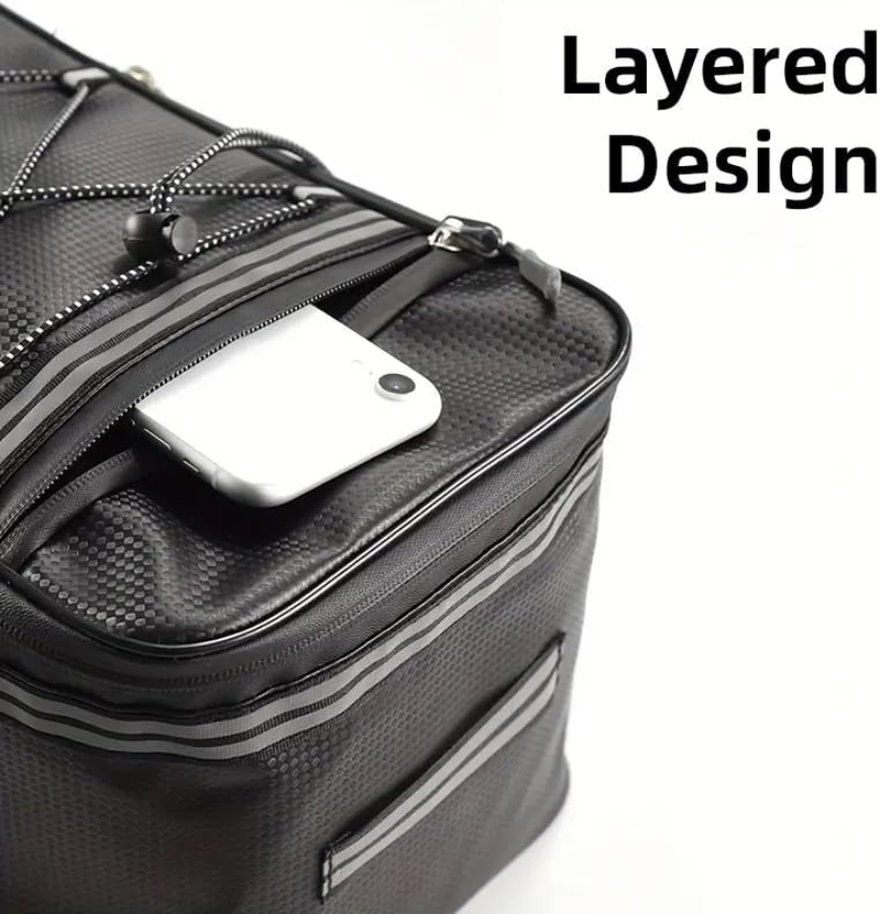 AIMALL Motorcycle Tail Bag, 15L Waterproof PU Leather Rear Seat Bag, Large Capacity Back Seat Luggage Pack with Reflective Strips & Elastic Straps, 13In X 8.27In X 7.09In, Black image number 3