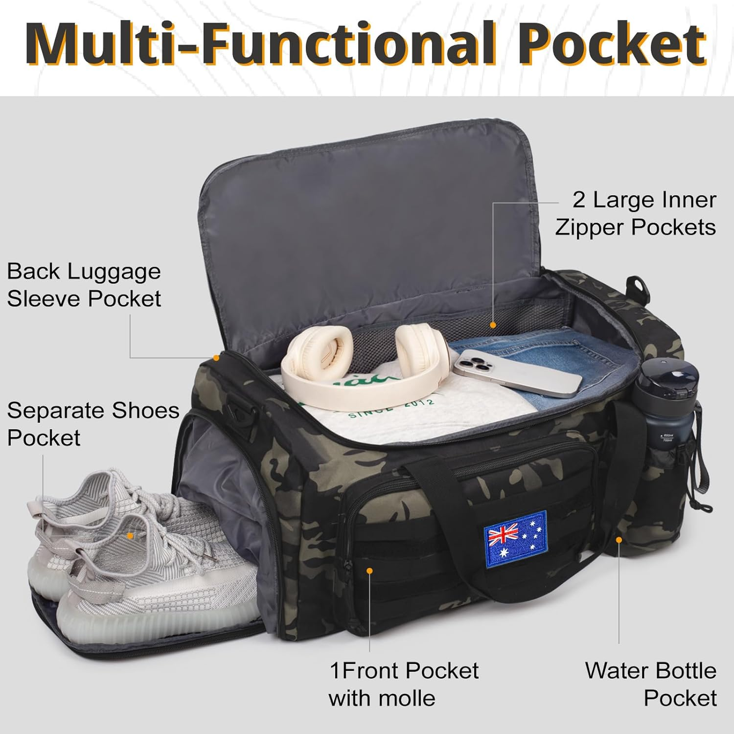 Tactical Gym Bag for Men, 40L Large Capacity Duffle Bags with Shoes Compartment, Sports Bag with Wet Compartment, Multi-Functional Weekend Bags Suitable for Travel, Camping,Hiking - Brown image number 7