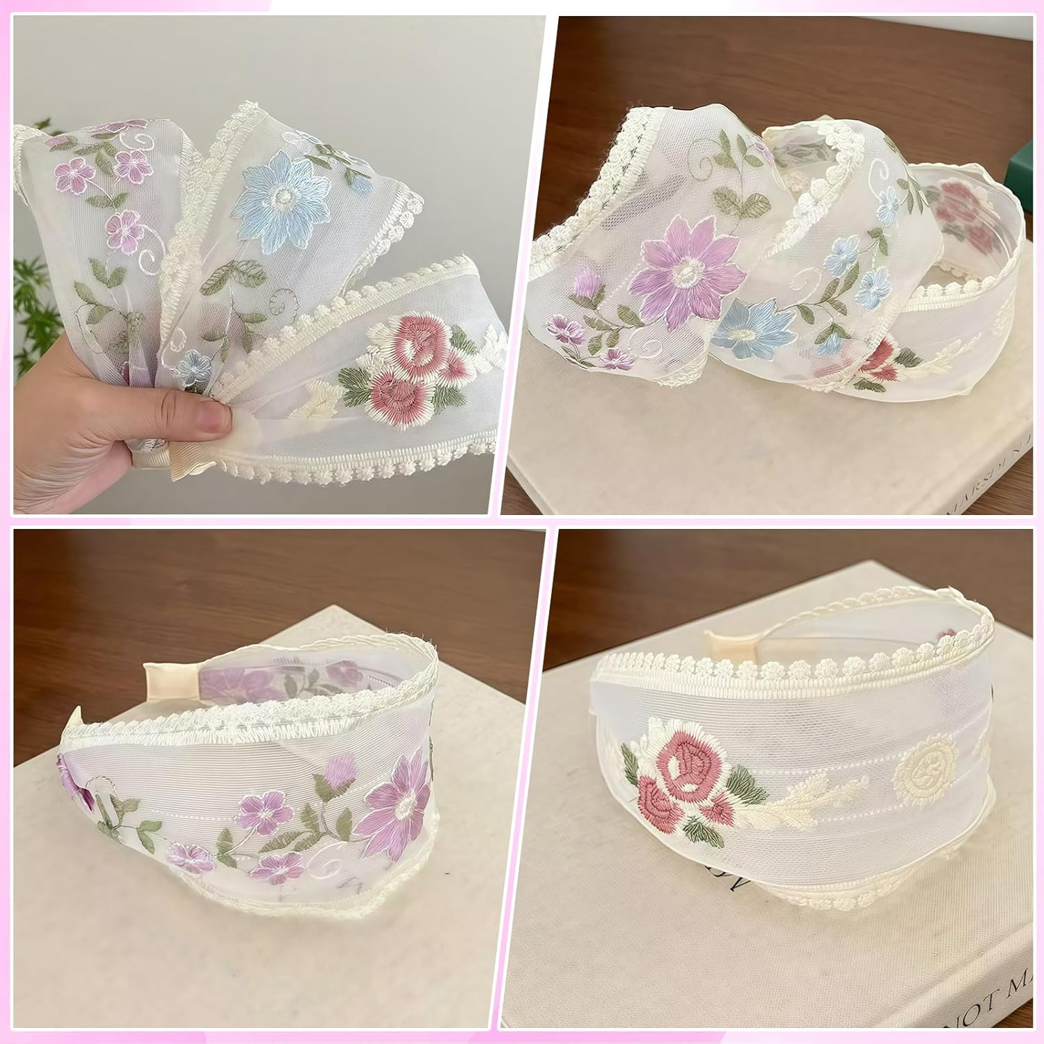 Pack of 3 Women'S Wide Hair Bands, 9 Cm, Floral Embroidery Mesh Hairband, Comfortable Non-Slip Hair Bands with Comb Teeth for Women and Girls, Hair Accessories (9 Cm Style B, One Size) image number 3