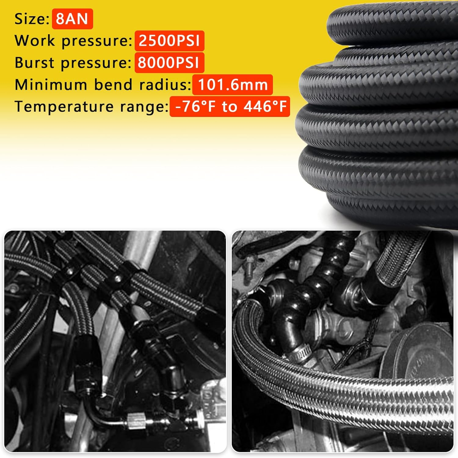 8AN PTFE Fuel Line Kit, 13/32" Nylon Stainless Steel Braided, LS Swap EFI E85 Injection Fuel Hose Fitting AN8 26FT image number 1