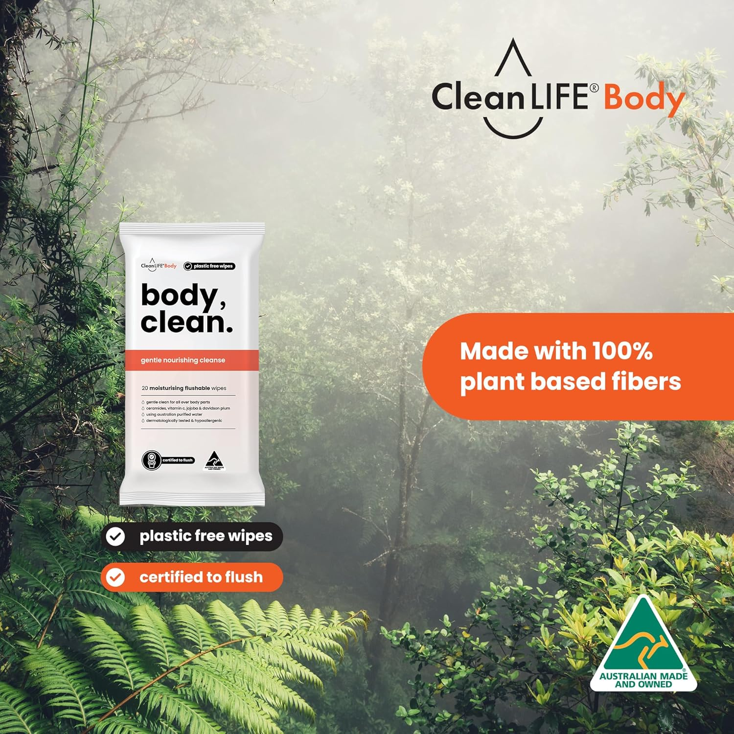 Cleanlife Flushable Body Wipes &ndash; No Rinse Shower Wipes for Adults, Plant-Based Fibre, Fragrance Free, Ceramides & Vitamin C, Skin Nourishing Towelettes, 20 Wipes, 12 Packs image number 2